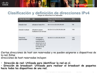 Clasificación y definición de direcciones IPv4




Ciertas direcciones de host son reservadas y no pueden asignarse a dispositivos de
la red. Estas
direcciones de host reservadas incluyen:

• Dirección de red: Utilizada para identificar la red en sí.
• Dirección de broadcast: Utilizada para realizar el broadcast de paquetes
hacia todos los dispositivos de una red.
                                      © 2007 Cisco Systems, Inc. Todos los derechos reservados.   Cisco Public   12
 