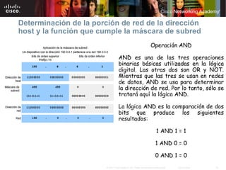 Determinación de la porción de red de la dirección
host y la función que cumple la máscara de subred
                                                                  Operación AND

                                   AND es una de las tres operaciones
                                   binarias básicas utilizadas en la lógica
                                   digital. Las otras dos son OR y NOT.
                                   Mientras que las tres se usan en redes
                                   de datos, AND se usa para determinar
                                   la dirección de red. Por lo tanto, sólo se
                                   tratará aquí la lógica AND.

                                   La lógica AND es la comparación de dos
                                   bits que produce los siguientes
                                   resultados:

                                                                       1 AND 1 = 1

                                                                      1 AND 0 = 0

                                                                      0 AND 1 = 0
                        © 2007 Cisco Systems, Inc. Todos los derechos reservados.   Cisco Public   29
 