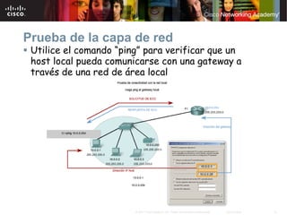 Prueba de la capa de red
 Utilice el comando “ping” para verificar que un
 host local pueda comunicarse con una gateway a
 través de una red de área local




                        © 2007 Cisco Systems, Inc. Todos los derechos reservados.   Cisco Public   31
 