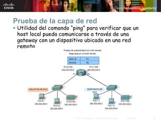 Prueba de la capa de red
 Utilidad del comando “ping” para verificar que un
 host local pueda comunicarse a través de una
 gateway con un dispositivo ubicado en una red
 remota




                        © 2007 Cisco Systems, Inc. Todos los derechos reservados.   Cisco Public   32
 