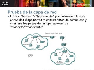 Prueba de la capa de red
 Utilice “tracert”/“traceroute” para observar la ruta
 entre dos dispositivos mientras éstos se comunican y
 enumere los pasos de las operaciones de
 “tracert”/“traceroute”




                        © 2007 Cisco Systems, Inc. Todos los derechos reservados.   Cisco Public   33
 