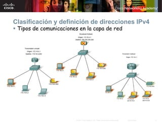 Clasificación y definición de direcciones IPv4
 Tipos de comunicaciones en la capa de red




                        © 2007 Cisco Systems, Inc. Todos los derechos reservados.   Cisco Public   9
 