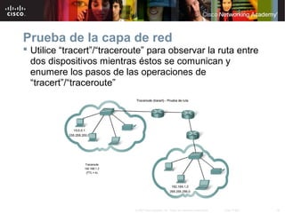 Prueba de la capa de red
 Utilice “tracert”/“traceroute” para observar la ruta entre
  dos dispositivos mientras éstos se comunican y
  enumere los pasos de las operaciones de
  “tracert”/“traceroute”




                            © 2007 Cisco Systems, Inc. Todos los derechos reservados.   Cisco Public   34
 