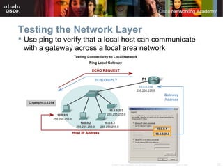 32© 2007 Cisco Systems, Inc. All rights reserved. Cisco Public
Testing the Network Layer
 Use ping to verify that a local host can communicate
with a gateway across a local area network
 
