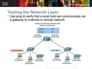 33© 2007 Cisco Systems, Inc. All rights reserved. Cisco Public
Testing the Network Layer
 Use ping to verify that a local host can communicate via
a gateway to a device in remote network
 