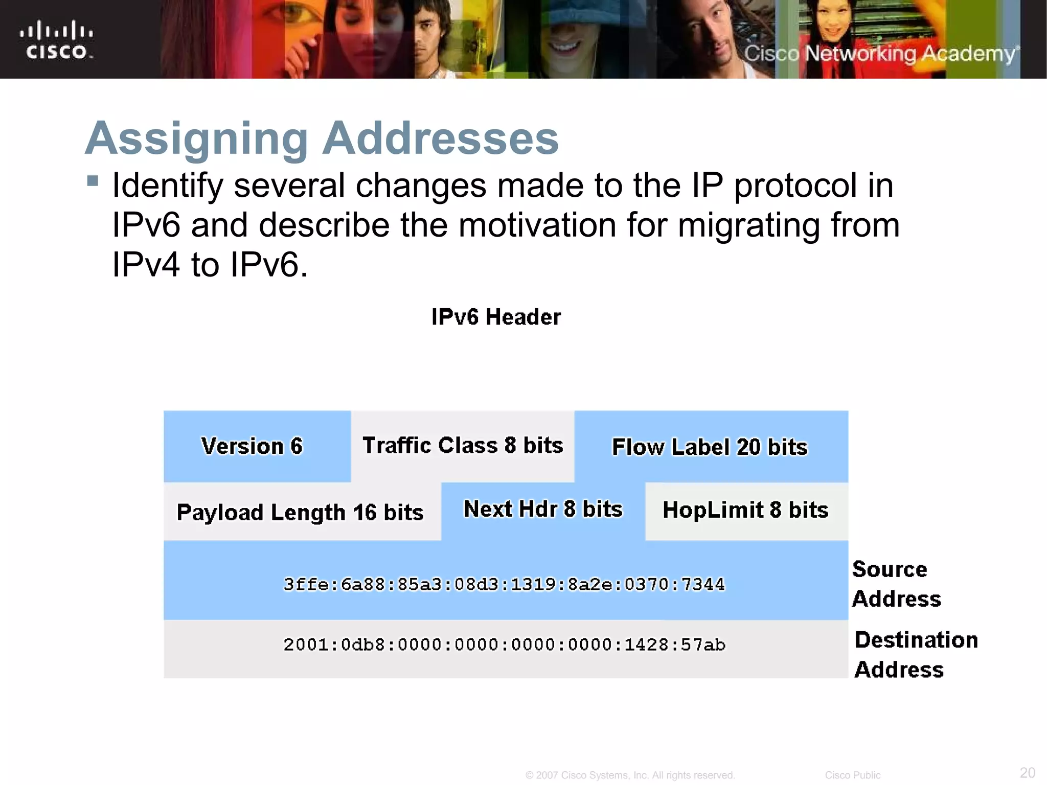 Assigning Addresses
 Identify several changes made to the IP protocol in
IPv6 and describe the motivation for migrating from
IPv4 to IPv6.

© 2007 Cisco Systems, Inc. All rights reserved.

Cisco Public

20

 