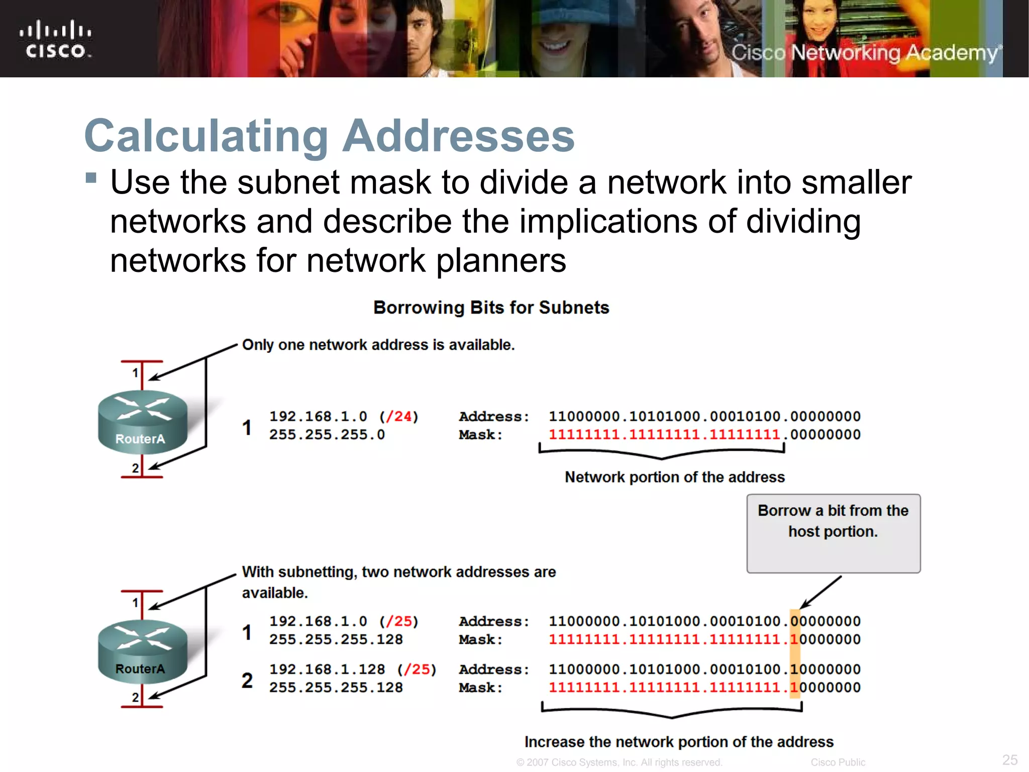 Calculating Addresses
 Use the subnet mask to divide a network into smaller
networks and describe the implications of dividing
networks for network planners

© 2007 Cisco Systems, Inc. All rights reserved.

Cisco Public

25

 