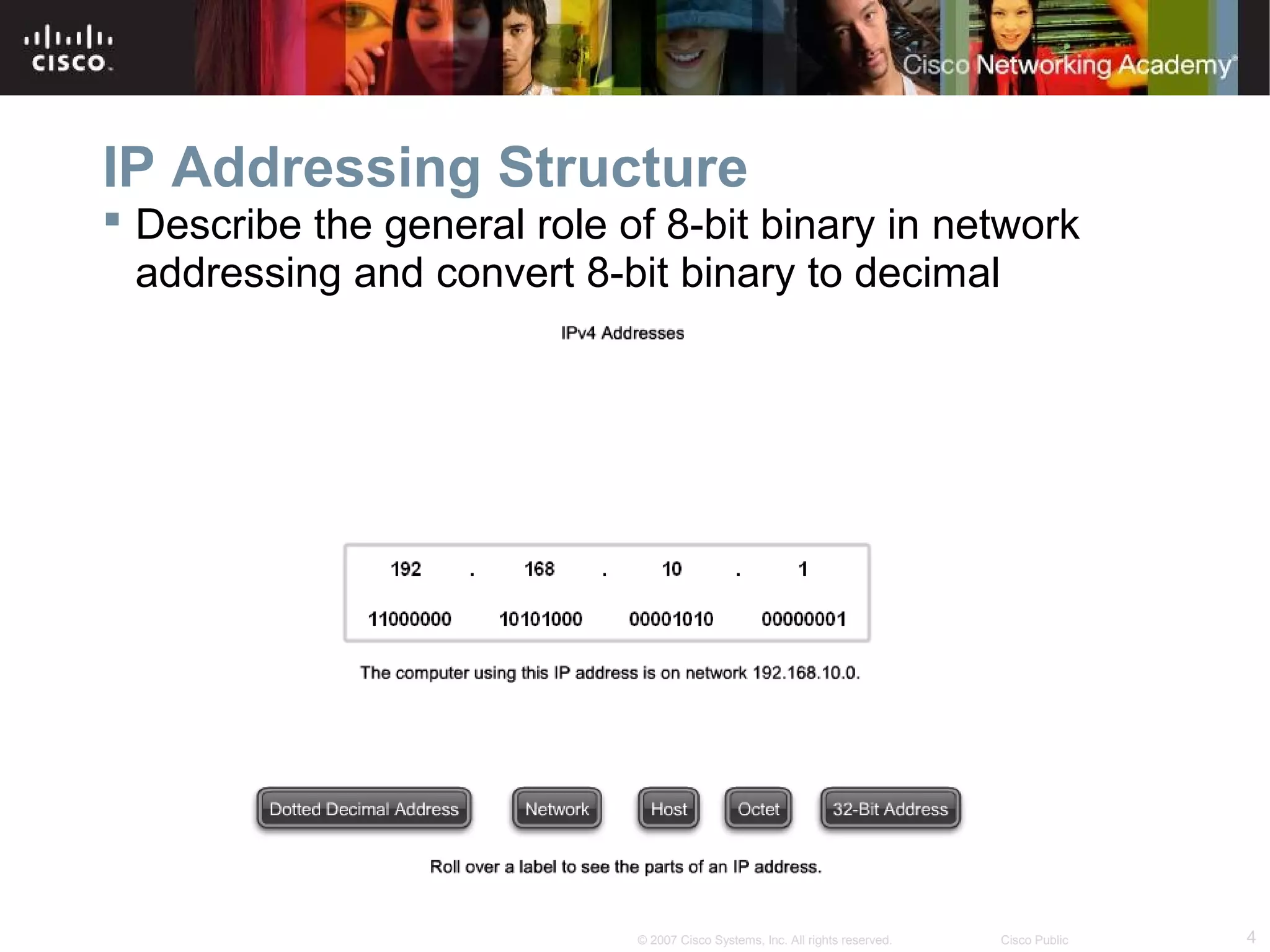 IP Addressing Structure
 Describe the general role of 8-bit binary in network
addressing and convert 8-bit binary to decimal

© 2007 Cisco Systems, Inc. All rights reserved.

Cisco Public

4

 
