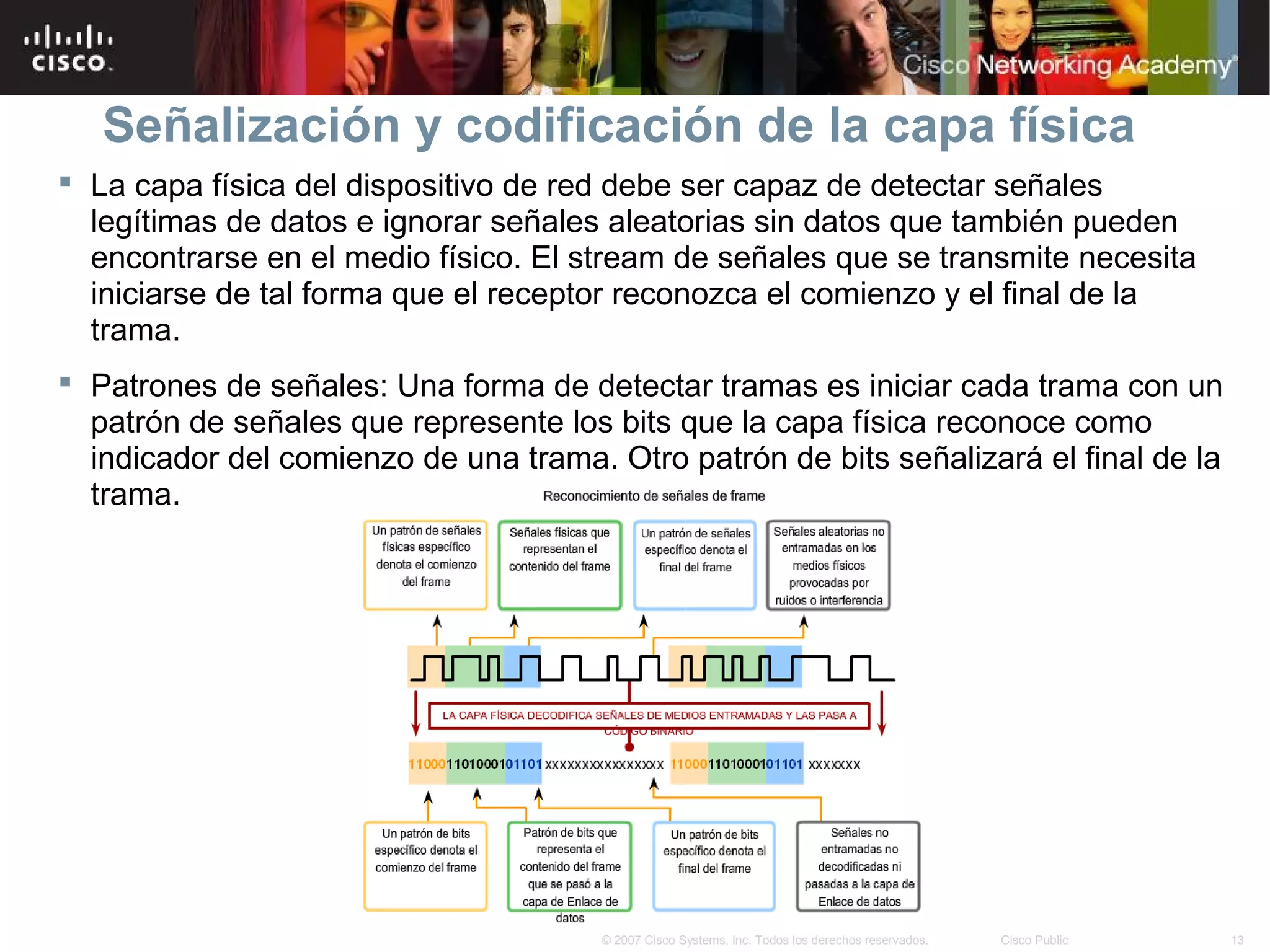 Señalización y codificación de la capa física
 La capa física del dispositivo de red debe ser capaz de detectar señales
  legítimas de datos e ignorar señales aleatorias sin datos que también pueden
  encontrarse en el medio físico. El stream de señales que se transmite necesita
  iniciarse de tal forma que el receptor reconozca el comienzo y el final de la
  trama.
 Patrones de señales: Una forma de detectar tramas es iniciar cada trama con un
  patrón de señales que represente los bits que la capa física reconoce como
  indicador del comienzo de una trama. Otro patrón de bits señalizará el final de la
  trama.




                                       © 2007 Cisco Systems, Inc. Todos los derechos reservados.   Cisco Public   13
 