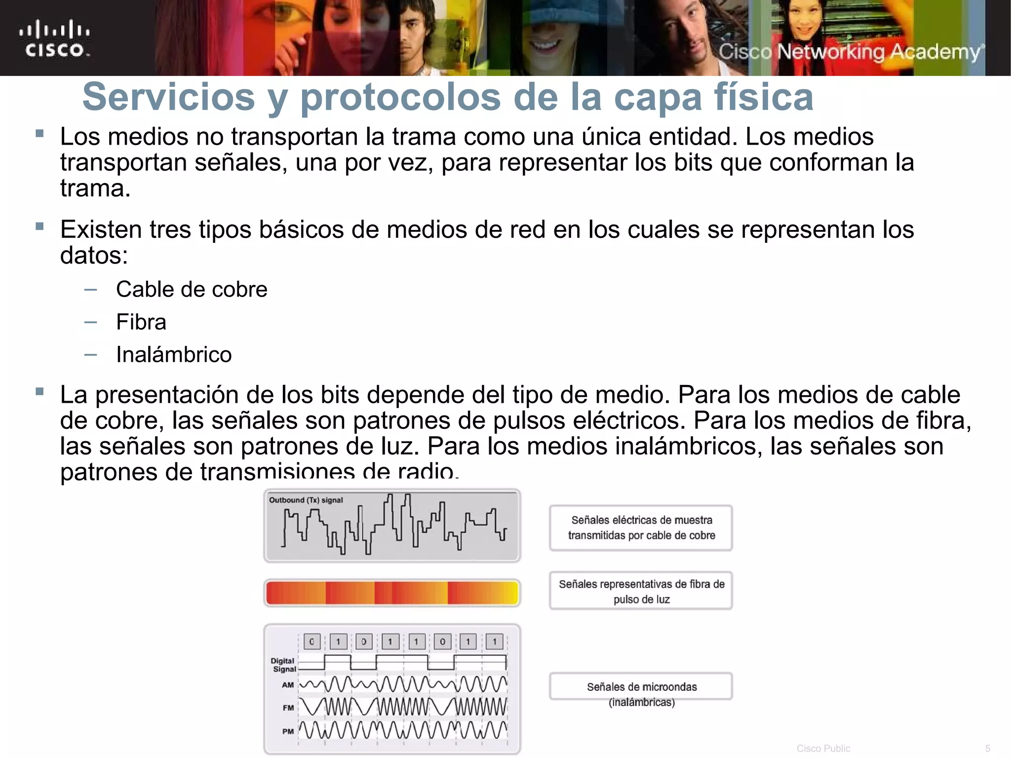 Servicios y protocolos de la capa física
 Los medios no transportan la trama como una única entidad. Los medios
  transportan señales, una por vez, para representar los bits que conforman la
  trama.
 Existen tres tipos básicos de medios de red en los cuales se representan los
  datos:
    – Cable de cobre
    – Fibra
    – Inalámbrico
 La presentación de los bits depende del tipo de medio. Para los medios de cable
  de cobre, las señales son patrones de pulsos eléctricos. Para los medios de fibra,
  las señales son patrones de luz. Para los medios inalámbricos, las señales son
  patrones de transmisiones de radio.




                                       © 2007 Cisco Systems, Inc. Todos los derechos reservados.   Cisco Public   5
 