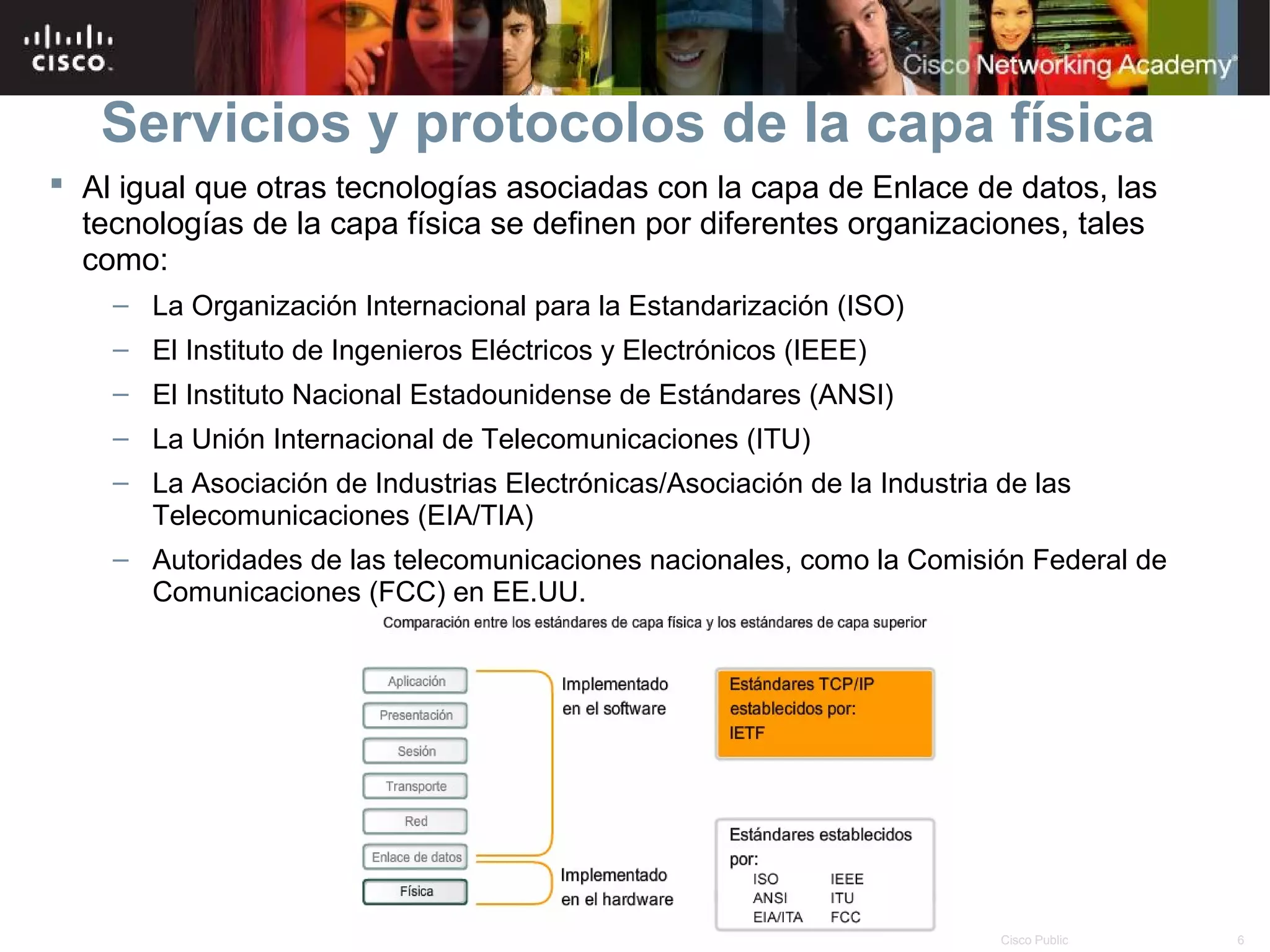 Servicios y protocolos de la capa física
 Al igual que otras tecnologías asociadas con la capa de Enlace de datos, las
  tecnologías de la capa física se definen por diferentes organizaciones, tales
  como:
    – La Organización Internacional para la Estandarización (ISO)
    – El Instituto de Ingenieros Eléctricos y Electrónicos (IEEE)
    – El Instituto Nacional Estadounidense de Estándares (ANSI)
    – La Unión Internacional de Telecomunicaciones (ITU)
    – La Asociación de Industrias Electrónicas/Asociación de la Industria de las
      Telecomunicaciones (EIA/TIA)
    – Autoridades de las telecomunicaciones nacionales, como la Comisión Federal de
      Comunicaciones (FCC) en EE.UU.




                                           © 2007 Cisco Systems, Inc. Todos los derechos reservados.   Cisco Public   6
 