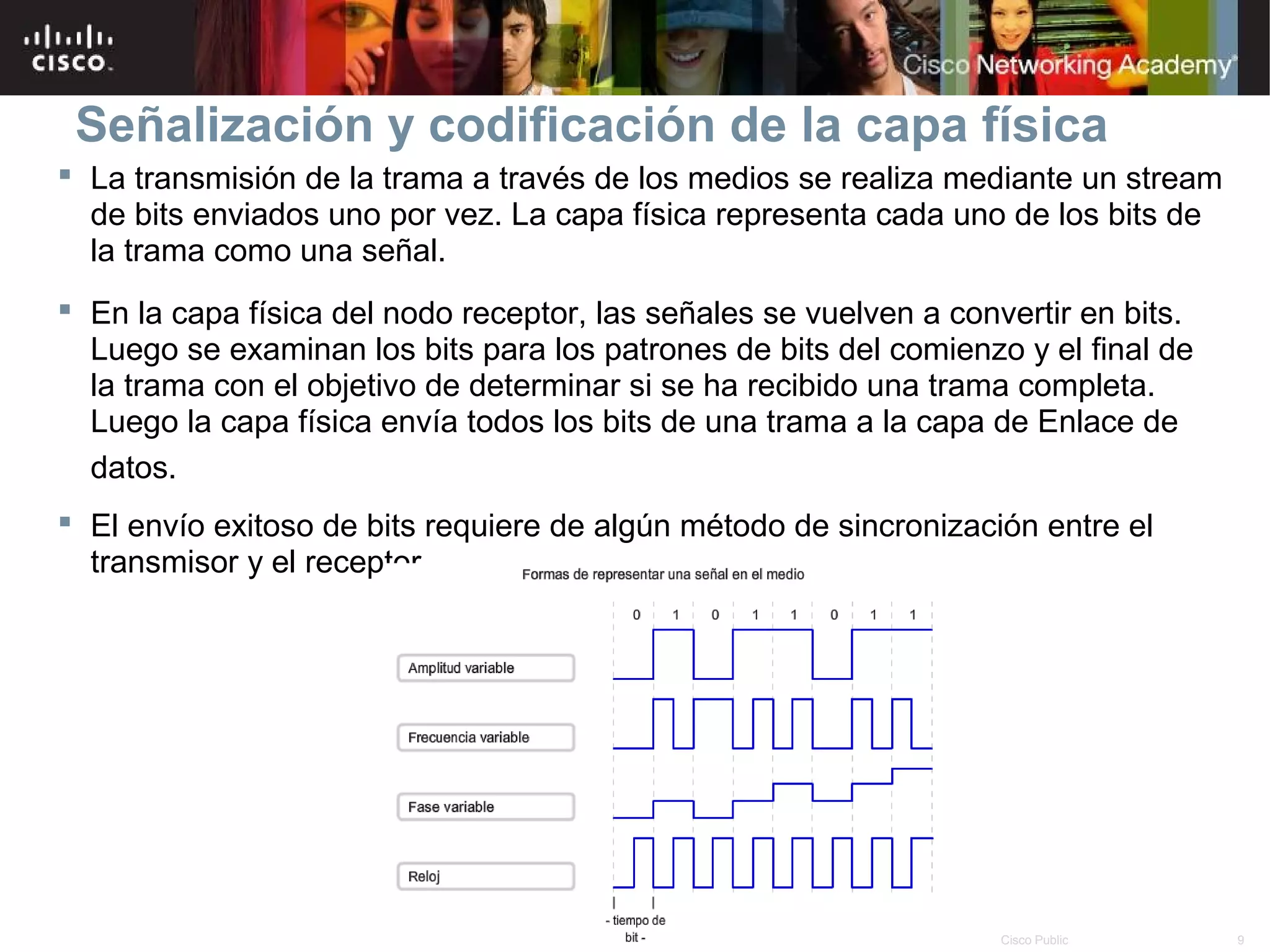 Señalización y codificación de la capa física
 La transmisión de la trama a través de los medios se realiza mediante un stream
  de bits enviados uno por vez. La capa física representa cada uno de los bits de
  la trama como una señal.
 En la capa física del nodo receptor, las señales se vuelven a convertir en bits.
  Luego se examinan los bits para los patrones de bits del comienzo y el final de
  la trama con el objetivo de determinar si se ha recibido una trama completa.
  Luego la capa física envía todos los bits de una trama a la capa de Enlace de
  datos.
 El envío exitoso de bits requiere de algún método de sincronización entre el
  transmisor y el receptor.




                                       © 2007 Cisco Systems, Inc. Todos los derechos reservados.   Cisco Public   9
 