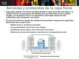 Servicios y protocolos de la capa física Esta capa acepta una trama completa desde la capa de Enlace de datos y lo codifica como una secuencia de señales que se transmiten en los medios locales. Un dispositivo final o un dispositivo intermedio recibe los bits codificados que componen una trama. El envío de tramas a través de medios de transmisión requiere los siguientes elementos de la capa física:  Medios físicos y conectores asociados. Una representación de los bits en los medios. Codificación de los datos y de la información de control. Sistema de circuitos del receptor y transmisor en los dispositivos de red. 