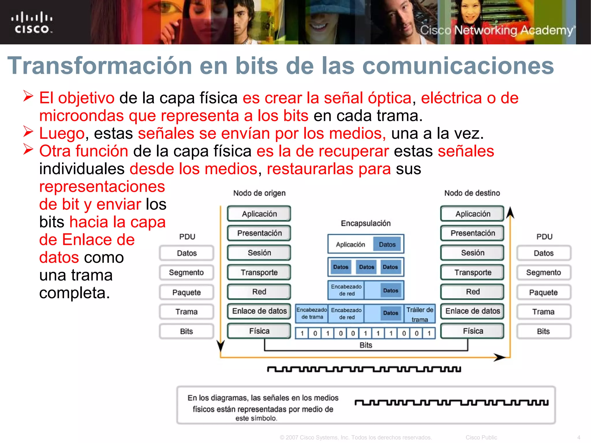 Transformación en bits de las comunicaciones
  El objetivo de la capa física es crear la señal óptica, eléctrica o de
   microondas que representa a los bits en cada trama.
  Luego, estas señales se envían por los medios, una a la vez.
  Otra función de la capa física es la de recuperar estas señales
   individuales desde los medios, restaurarlas para sus
   representaciones
   de bit y enviar los
   bits hacia la capa
   de Enlace de
   datos como
   una trama
   completa.




                                      © 2007 Cisco Systems, Inc. Todos los derechos reservados.   Cisco Public   4
 