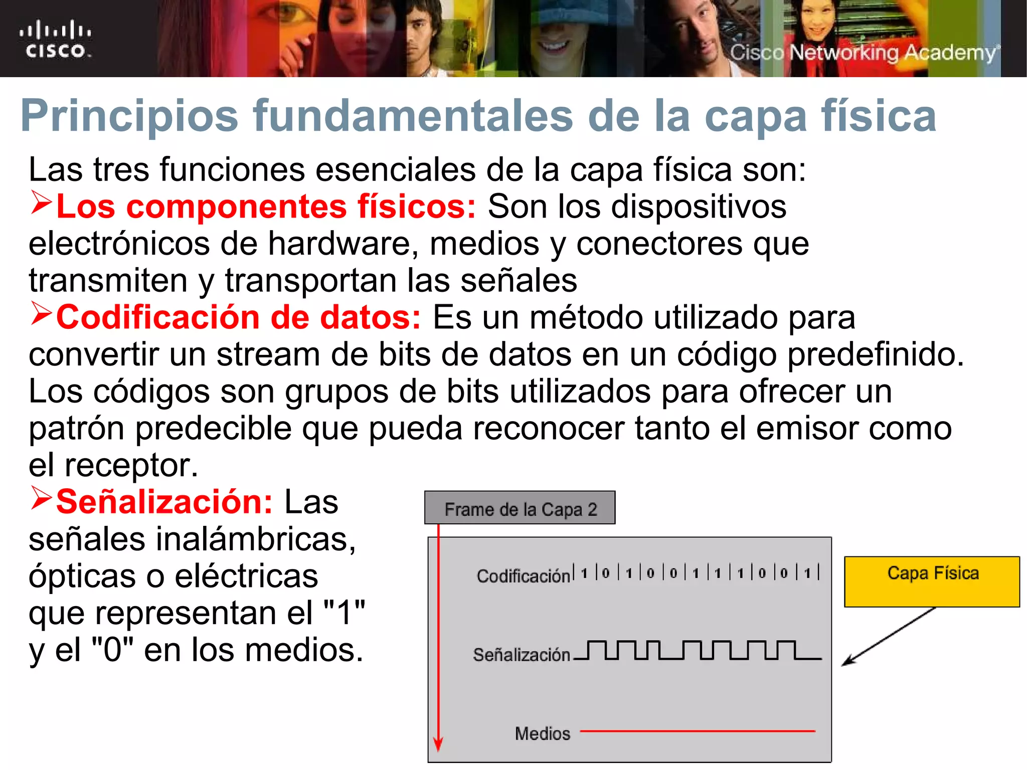 Principios fundamentales de la capa física
Las tres funciones esenciales de la capa física son:
Los componentes físicos: Son los dispositivos
electrónicos de hardware, medios y conectores que
transmiten y transportan las señales
Codificación de datos: Es un método utilizado para
convertir un stream de bits de datos en un código predefinido.
Los códigos son grupos de bits utilizados para ofrecer un
patrón predecible que pueda reconocer tanto el emisor como
el receptor.
Señalización: Las
señales inalámbricas,
ópticas o eléctricas
que representan el "1"
y el "0" en los medios.


                              © 2007 Cisco Systems, Inc. Todos los derechos reservados.   Cisco Public   7
 