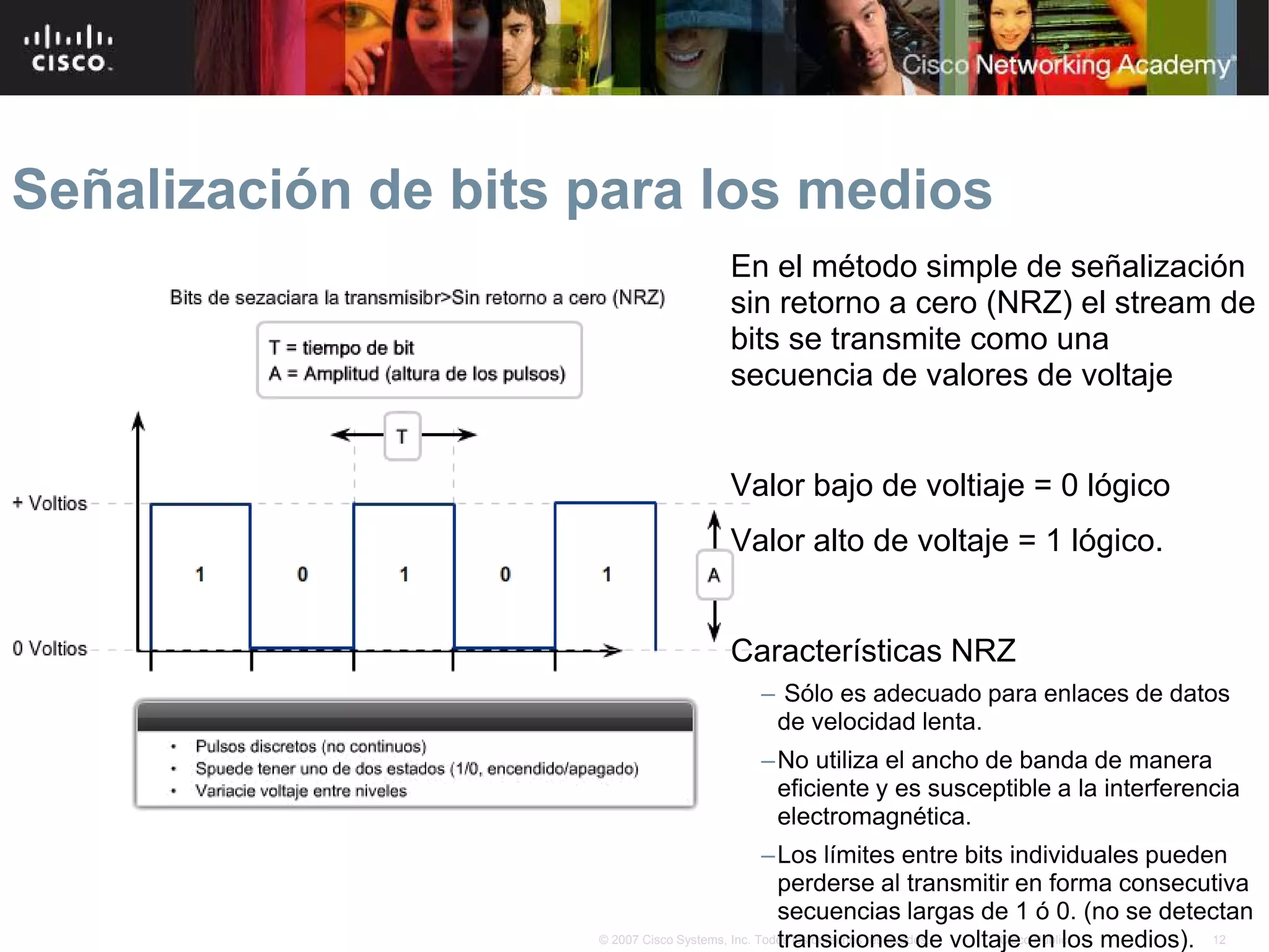 Señalización de bits para los medios
                                   En el método simple de señalización
                                   sin retorno a cero (NRZ) el stream de
                                   bits se transmite como una
                                   secuencia de valores de voltaje


                                   Valor bajo de voltiaje = 0 lógico
                                   Valor alto de voltaje = 1 lógico.


                                   Características NRZ
                                       – Sólo es adecuado para enlaces de datos
                                        de velocidad lenta.
                                       – No utiliza el ancho de banda de manera
                                         eficiente y es susceptible a la interferencia
                                         electromagnética.
                                                 – Los límites entre bits individuales pueden
                                                   perderse al transmitir en forma consecutiva
                                                   secuencias largas de 1 ó 0. (no se detectan
                                                   transiciones de voltaje en los medios). 12
                     © 2007 Cisco Systems, Inc. Todos los derechos reservados. Cisco Public
 