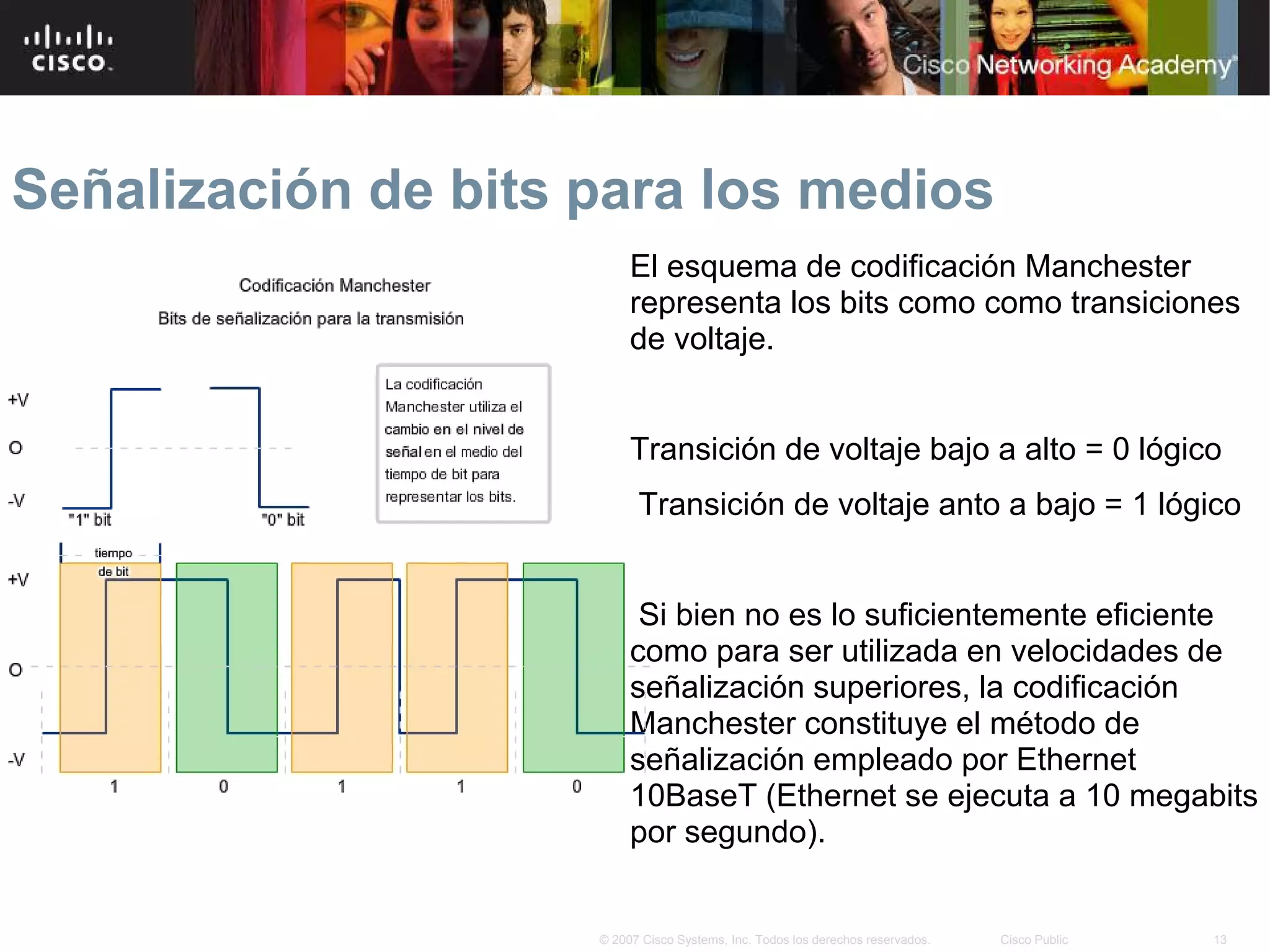 Señalización de bits para los medios
                          El esquema de codificación Manchester
                          representa los bits como como transiciones
                          de voltaje.


                          Transición de voltaje bajo a alto = 0 lógico
                           Transición de voltaje anto a bajo = 1 lógico


                           Si bien no es lo suficientemente eficiente
                          como para ser utilizada en velocidades de
                          señalización superiores, la codificación
                          Manchester constituye el método de
                          señalización empleado por Ethernet
                          10BaseT (Ethernet se ejecuta a 10 megabits
                          por segundo).


                     © 2007 Cisco Systems, Inc. Todos los derechos reservados.   Cisco Public   13
 