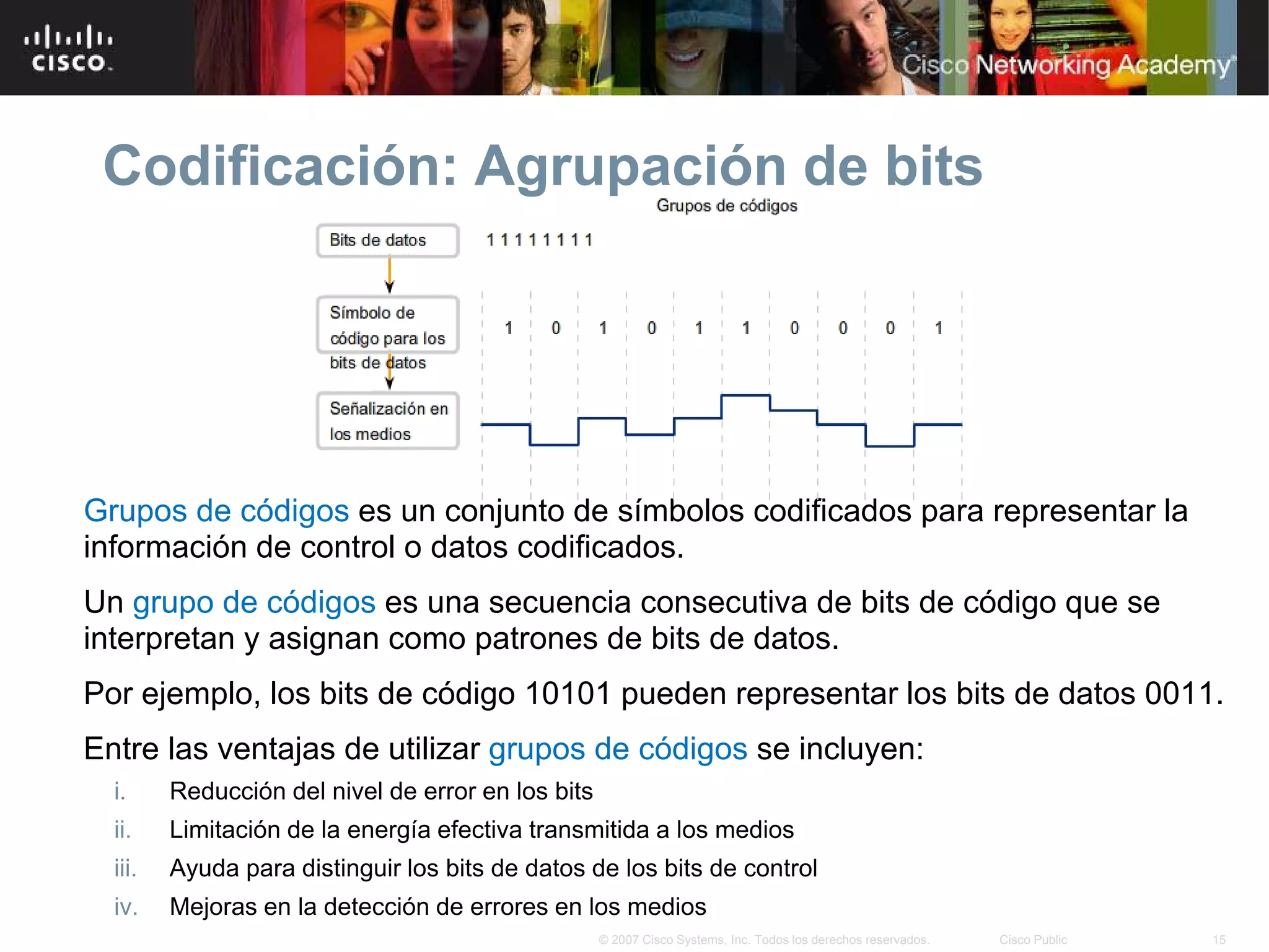 Codificación: Agrupación de bits




Grupos de códigos es un conjunto de símbolos codificados para representar la
información de control o datos codificados.
Un grupo de códigos es una secuencia consecutiva de bits de código que se
interpretan y asignan como patrones de bits de datos.
Por ejemplo, los bits de código 10101 pueden representar los bits de datos 0011.
Entre las ventajas de utilizar grupos de códigos se incluyen:
  i.     Reducción del nivel de error en los bits
  ii.    Limitación de la energía efectiva transmitida a los medios
  iii.   Ayuda para distinguir los bits de datos de los bits de control
  iv.    Mejoras en la detección de errores en los medios
                                                    © 2007 Cisco Systems, Inc. Todos los derechos reservados.   Cisco Public   15
 