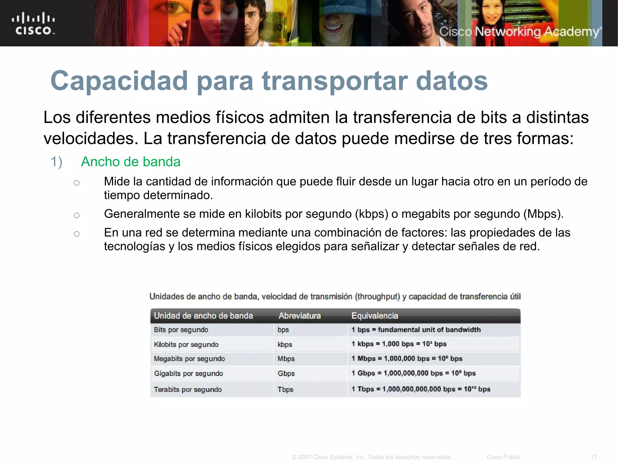 Capacidad para transportar datos
Los diferentes medios físicos admiten la transferencia de bits a distintas
velocidades. La transferencia de datos puede medirse de tres formas:
1)       Ancho de banda
     o      Mide la cantidad de información que puede fluir desde un lugar hacia otro en un período de
            tiempo determinado.
     o      Generalmente se mide en kilobits por segundo (kbps) o megabits por segundo (Mbps).
     o      En una red se determina mediante una combinación de factores: las propiedades de las
            tecnologías y los medios físicos elegidos para señalizar y detectar señales de red.




                                              © 2007 Cisco Systems, Inc. Todos los derechos reservados.   Cisco Public   17
 