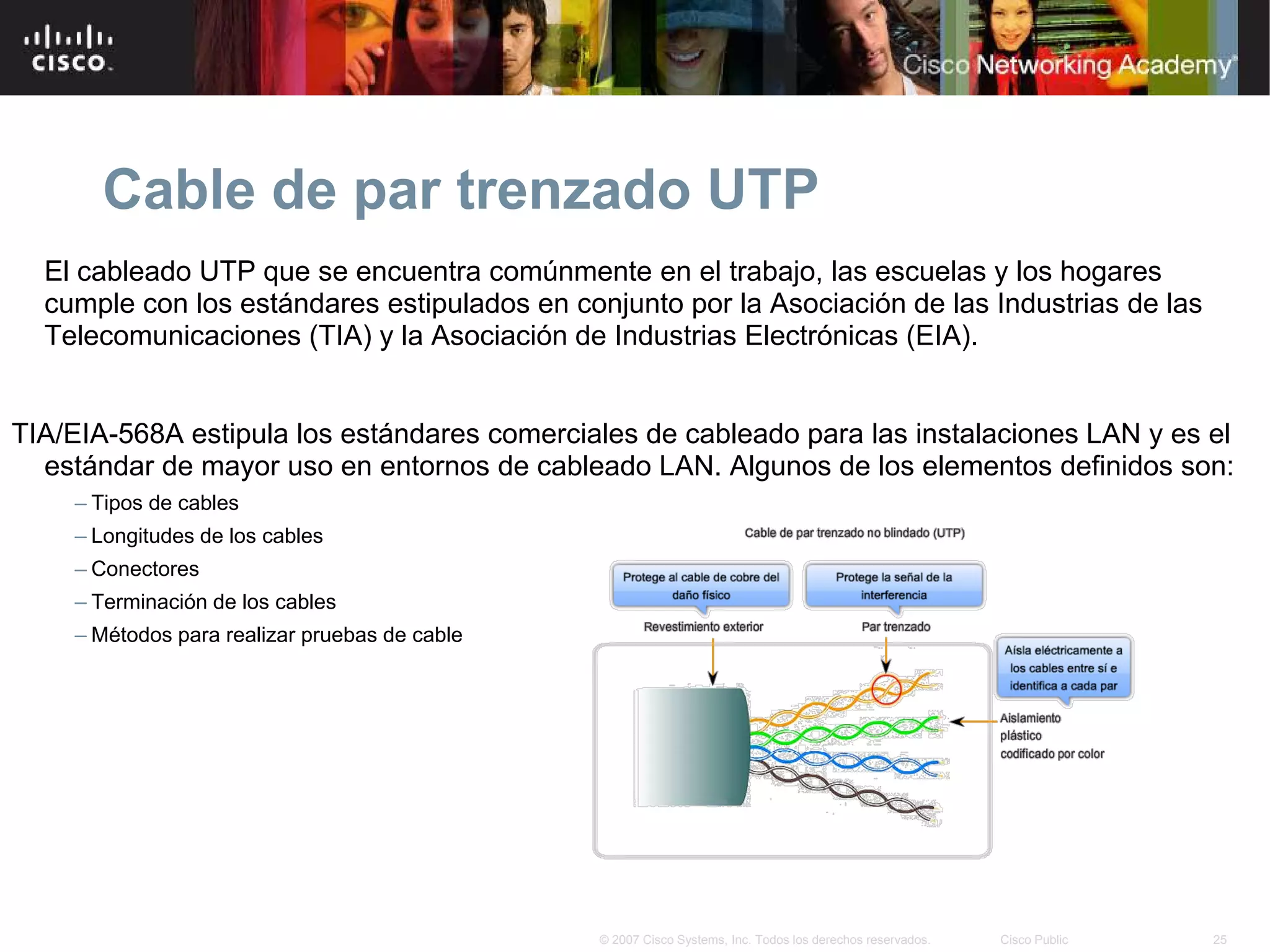Cable de par trenzado UTP
  El cableado UTP que se encuentra comúnmente en el trabajo, las escuelas y los hogares
  cumple con los estándares estipulados en conjunto por la Asociación de las Industrias de las
  Telecomunicaciones (TIA) y la Asociación de Industrias Electrónicas (EIA).


TIA/EIA-568A estipula los estándares comerciales de cableado para las instalaciones LAN y es el
  estándar de mayor uso en entornos de cableado LAN. Algunos de los elementos definidos son:
    – Tipos de cables
    – Longitudes de los cables
    – Conectores
    – Terminación de los cables
    – Métodos para realizar pruebas de cable




                                               © 2007 Cisco Systems, Inc. Todos los derechos reservados.   Cisco Public   25
 