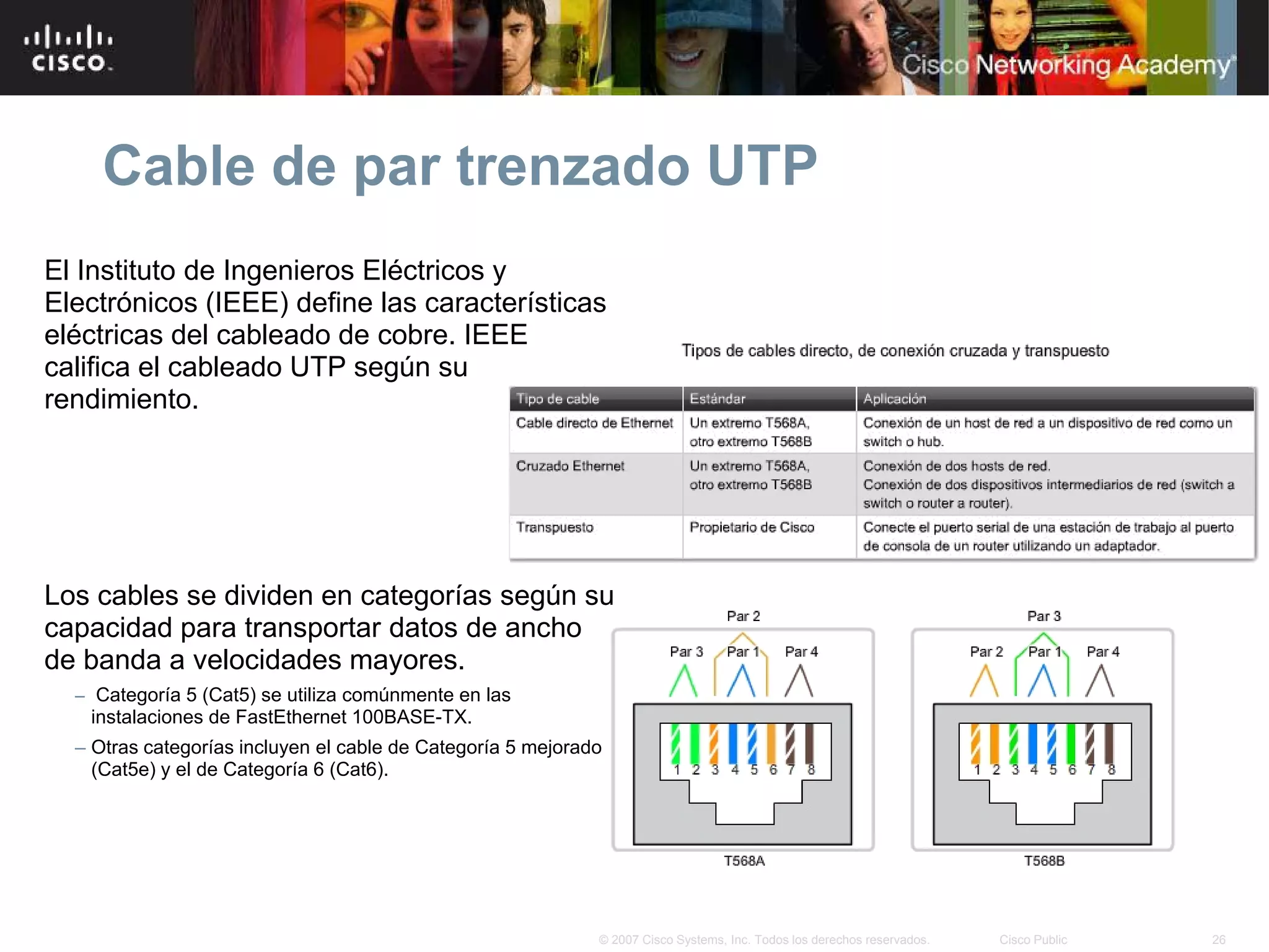 Cable de par trenzado UTP
El Instituto de Ingenieros Eléctricos y
Electrónicos (IEEE) define las características
eléctricas del cableado de cobre. IEEE
califica el cableado UTP según su
rendimiento.




Los cables se dividen en categorías según su
capacidad para transportar datos de ancho
de banda a velocidades mayores.
  – Categoría 5 (Cat5) se utiliza comúnmente en las
   instalaciones de FastEthernet 100BASE-TX.
  – Otras categorías incluyen el cable de Categoría 5 mejorado
    (Cat5e) y el de Categoría 6 (Cat6).




                                                             © 2007 Cisco Systems, Inc. Todos los derechos reservados.   Cisco Public   26
 