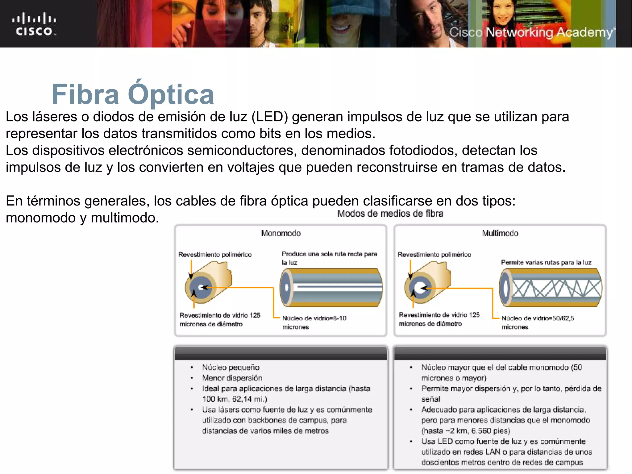 Fibra Óptica
Los láseres o diodos de emisión de luz (LED) generan impulsos de luz que se utilizan para
representar los datos transmitidos como bits en los medios.
Los dispositivos electrónicos semiconductores, denominados fotodiodos, detectan los
impulsos de luz y los convierten en voltajes que pueden reconstruirse en tramas de datos.

En términos generales, los cables de fibra óptica pueden clasificarse en dos tipos:
monomodo y multimodo.




                                               © 2007 Cisco Systems, Inc. Todos los derechos reservados.   Cisco Public   32
 