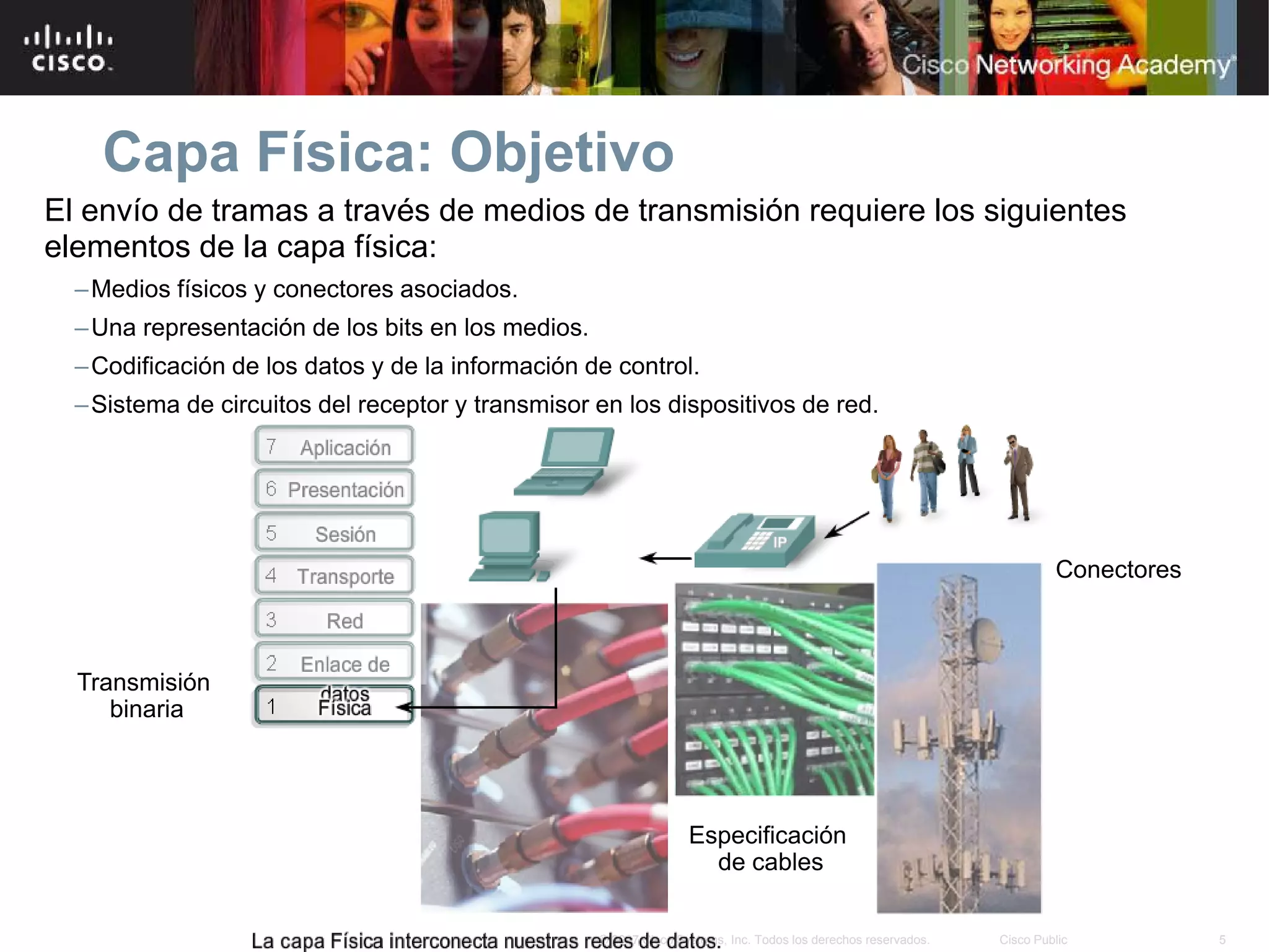 Capa Física: Objetivo
El envío de tramas a través de medios de transmisión requiere los siguientes
elementos de la capa física:
  – Medios físicos y conectores asociados.
  – Una representación de los bits en los medios.
  – Codificación de los datos y de la información de control.
  – Sistema de circuitos del receptor y transmisor en los dispositivos de red.




                                                                                                                         Conectores



  Transmisión
     binaria




                                                                   Especificación
                                                                     de cables

                                                    © 2007 Cisco Systems, Inc. Todos los derechos reservados.   Cisco Public          5
 