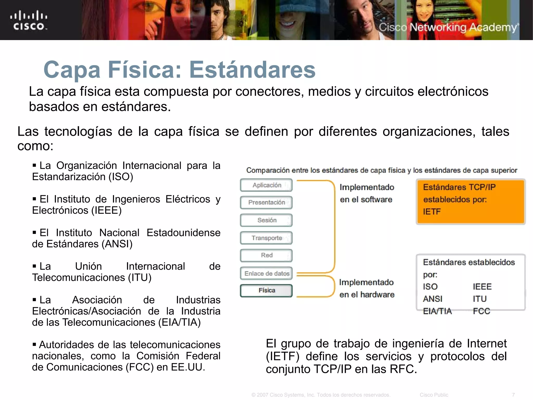 Capa Física: Estándares
 La capa física esta compuesta por conectores, medios y circuitos electrónicos
 basados en estándares.
Las tecnologías de la capa física se definen por diferentes organizaciones, tales
como:
   La Organización Internacional para la
  Estandarización (ISO)

   El Instituto de Ingenieros Eléctricos y
  Electrónicos (IEEE)

   El Instituto Nacional Estadounidense
  de Estándares (ANSI)

   La    Unión     Internacional       de
  Telecomunicaciones (ITU)

   La     Asociación    de     Industrias
  Electrónicas/Asociación de la Industria
  de las Telecomunicaciones (EIA/TIA)

   Autoridades de las telecomunicaciones          El grupo de trabajo de ingeniería de Internet
  nacionales, como la Comisión Federal             (IETF) define los servicios y protocolos del
  de Comunicaciones (FCC) en EE.UU.                conjunto TCP/IP en las RFC.
                                              © 2007 Cisco Systems, Inc. Todos los derechos reservados.   Cisco Public   7
 