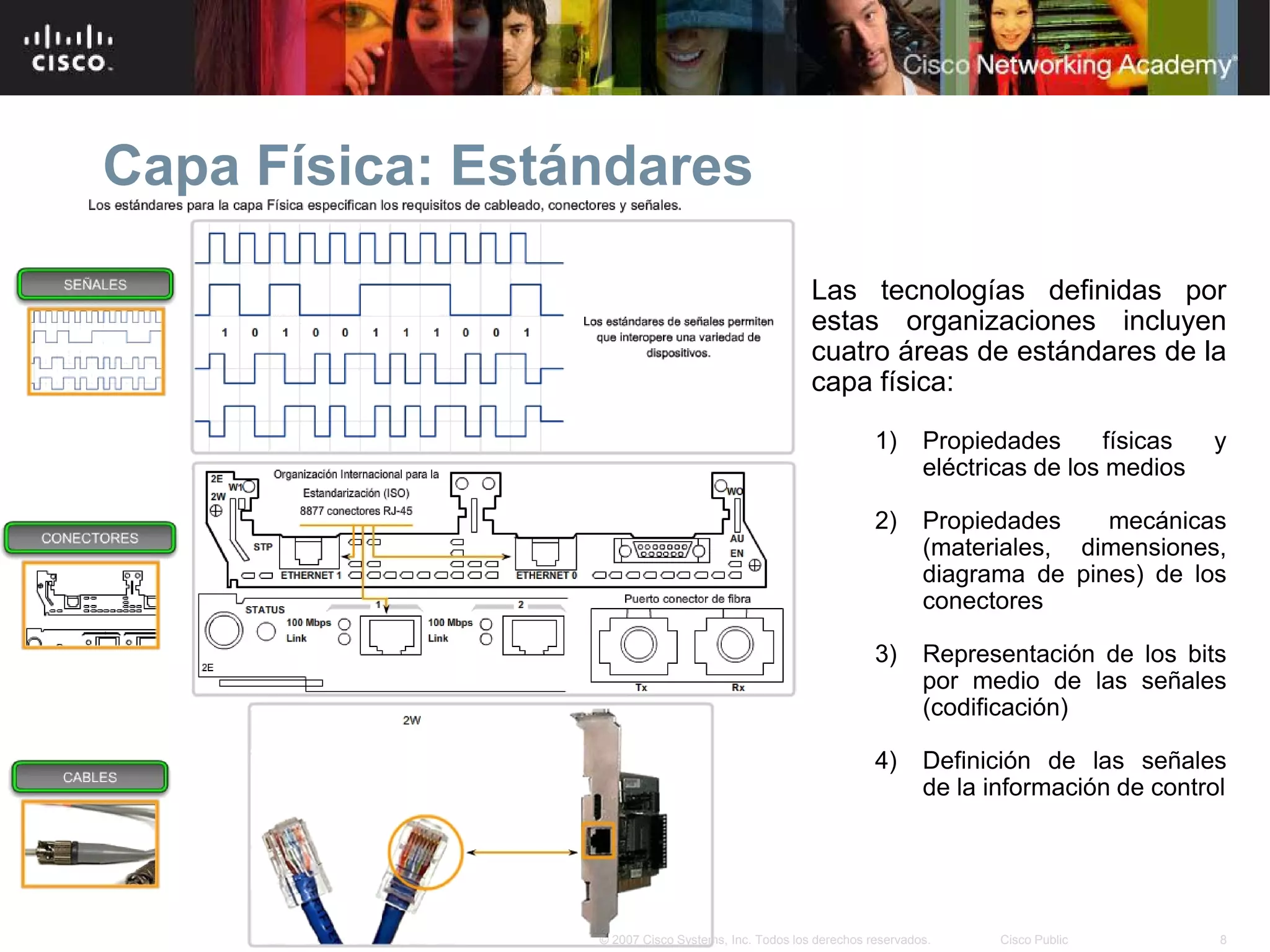 Capa Física: Estándares

                                                     Las tecnologías definidas por
                                                     estas organizaciones incluyen
                                                     cuatro áreas de estándares de la
                                                     capa física:

                                                                1)      Propiedades      físicas   y
                                                                        eléctricas de los medios

                                                                2)      Propiedades    mecánicas
                                                                        (materiales, dimensiones,
                                                                        diagrama de pines) de los
                                                                        conectores

                                                                3)      Representación de los bits
                                                                        por medio de las señales
                                                                        (codificación)

                                                                4)      Definición de las señales
                                                                        de la información de control




                 © 2007 Cisco Systems, Inc. Todos los derechos reservados.     Cisco Public        8
 