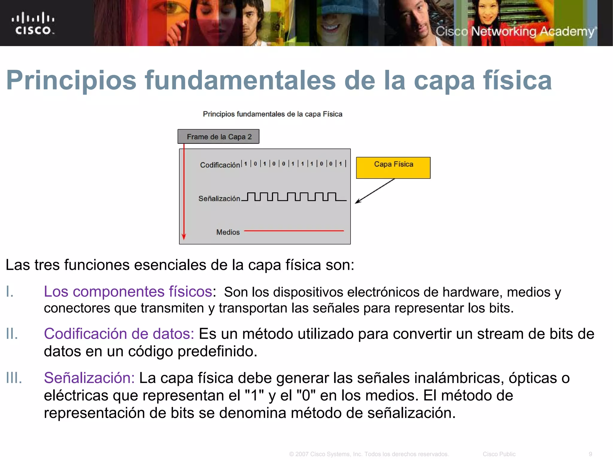 Principios fundamentales de la capa física




Las tres funciones esenciales de la capa física son:
I.     Los componentes físicos: Son los dispositivos electrónicos de hardware, medios y
       conectores que transmiten y transportan las señales para representar los bits.
II.    Codificación de datos: Es un método utilizado para convertir un stream de bits de
       datos en un código predefinido.
III.   Señalización: La capa física debe generar las señales inalámbricas, ópticas o
       eléctricas que representan el "1" y el "0" en los medios. El método de
       representación de bits se denomina método de señalización.

                                               © 2007 Cisco Systems, Inc. Todos los derechos reservados.   Cisco Public   9
 