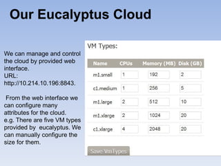 Our Eucalyptus Cloud

We can manage and control
the cloud by provided web
interface.
URL:
http://10.214.10.196:8843.

 From the web interface we
can configure many
attributes for the cloud.
e.g. There are five VM types
provided by eucalyptus. We
can manually configure the
size for them.
 