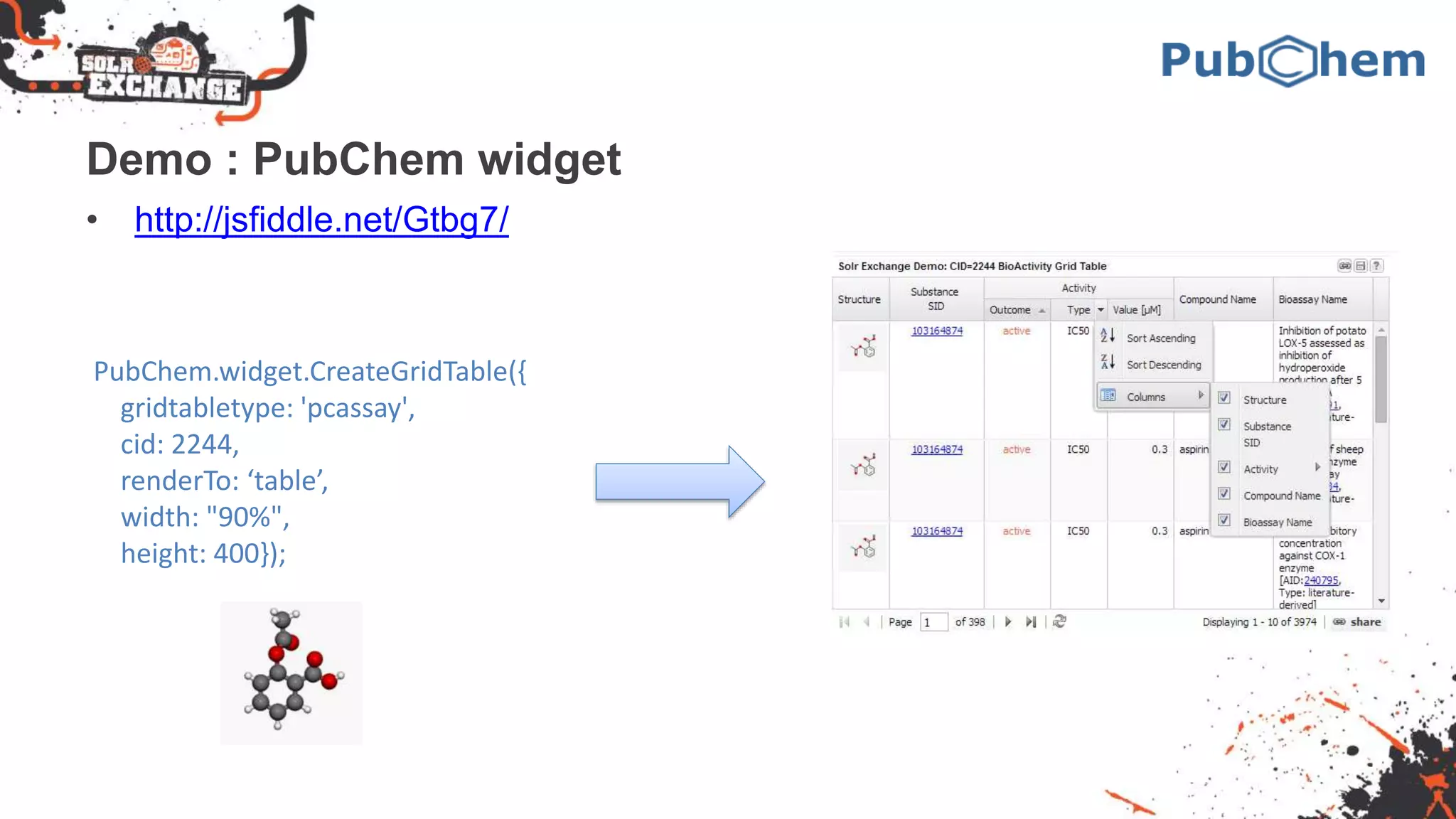 Demo : PubChem widget
• http://jsfiddle.net/Gtbg7/
PubChem.widget.CreateGridTable({
gridtabletype: 'pcassay',
cid: 2244,
renderTo: ‘table’,
width: "90%",
height: 400});
 