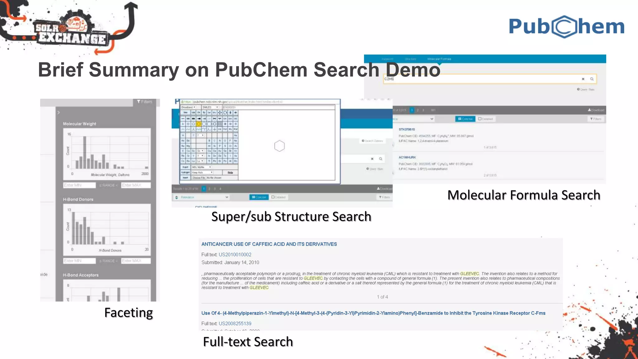 Faceting
Molecular Formula Search
Super/sub Structure Search
Full-text Search
Brief Summary on PubChem Search Demo
 