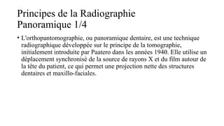 Principes de la Radiographie
Panoramique 1/4
• L'orthopantomographie, ou panoramique dentaire, est une technique
radiographique développée sur le principe de la tomographie,
initialement introduite par Paatero dans les années 1940. Elle utilise un
déplacement synchronisé de la source de rayons X et du film autour de
la tête du patient, ce qui permet une projection nette des structures
dentaires et maxillo-faciales.
 