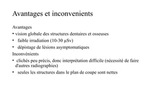Avantages et inconvenients
Avantages
• vision globale des structures dentaires et osseuses
• faible irradiation (10-30 µSv)
• dépistage de lésions asymptomatiques
Inconvénients
• clichés peu précis, donc interprétation difficile (nécessité de faire
d'autres radiographies)
• seules les structures dans le plan de coupe sont nettes
 