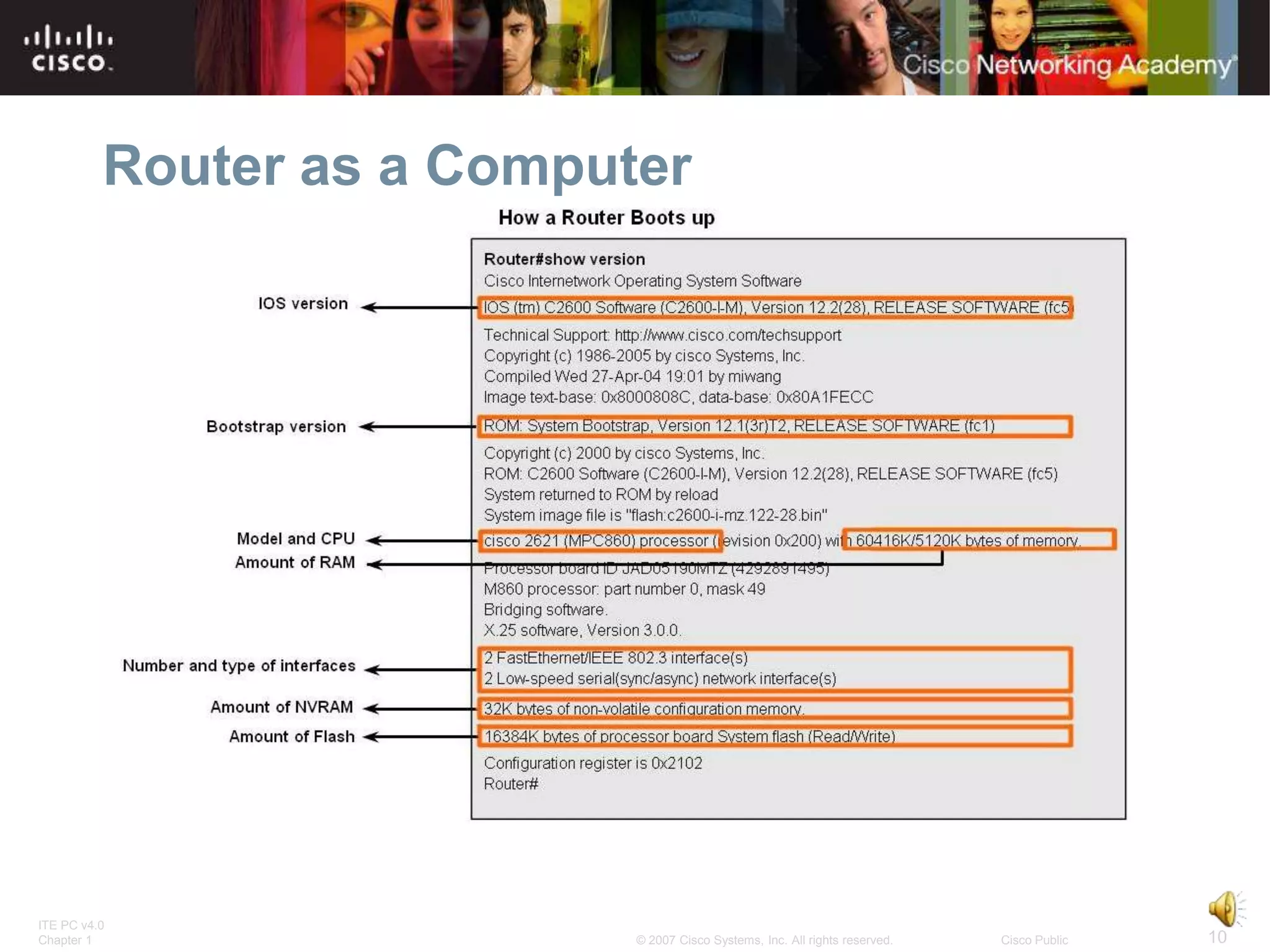 Router as a Computer




ITE PC v4.0
Chapter 1                   © 2007 Cisco Systems, Inc. All rights reserved.   Cisco Public   10
 