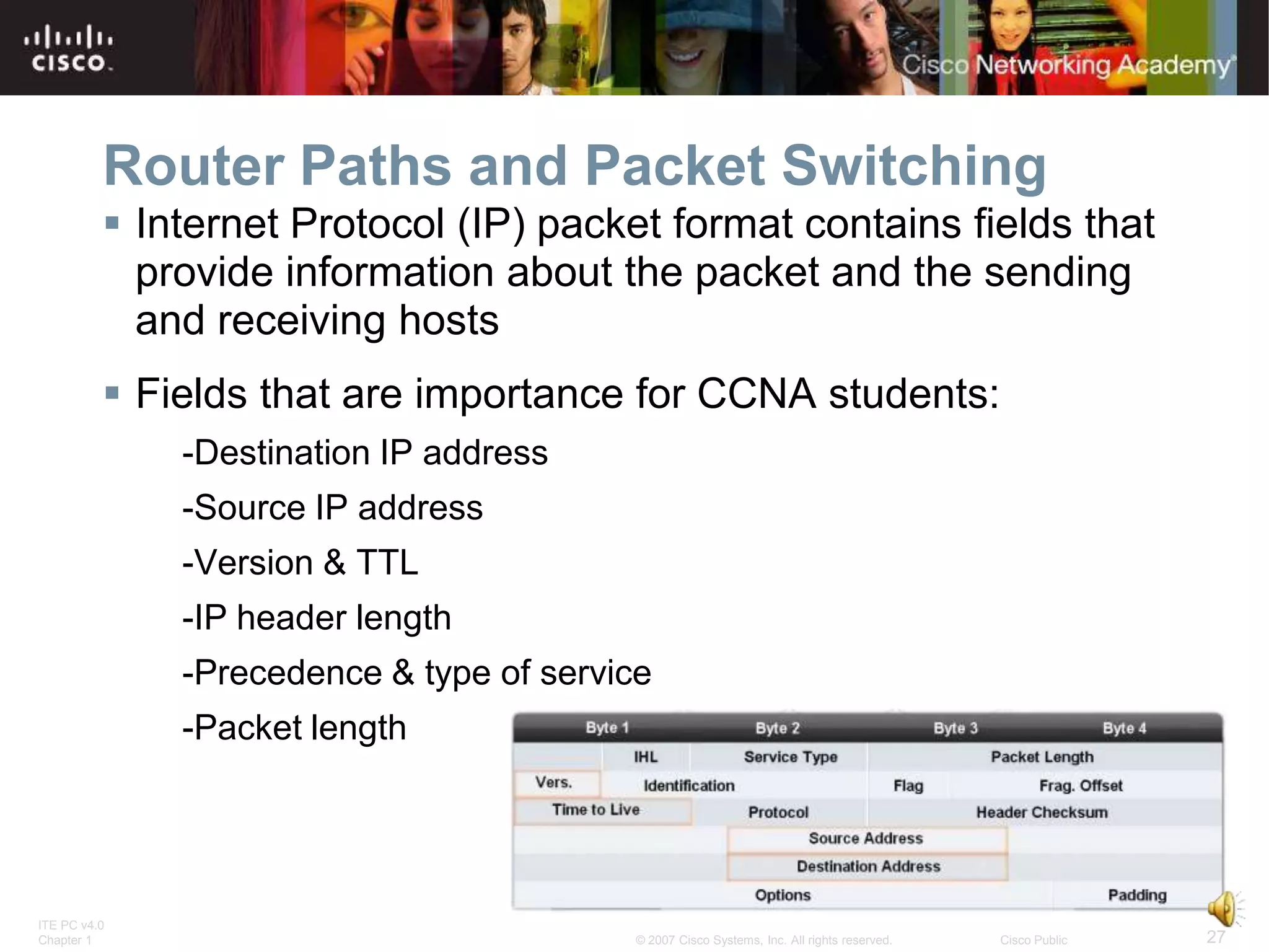 Router Paths and Packet Switching
           Internet Protocol (IP) packet format contains fields that
            provide information about the packet and the sending
            and receiving hosts
           Fields that are importance for CCNA students:
              -Destination IP address
              -Source IP address
              -Version & TTL
              -IP header length
              -Precedence & type of service
              -Packet length




ITE PC v4.0
Chapter 1                                 © 2007 Cisco Systems, Inc. All rights reserved.   Cisco Public   27
 