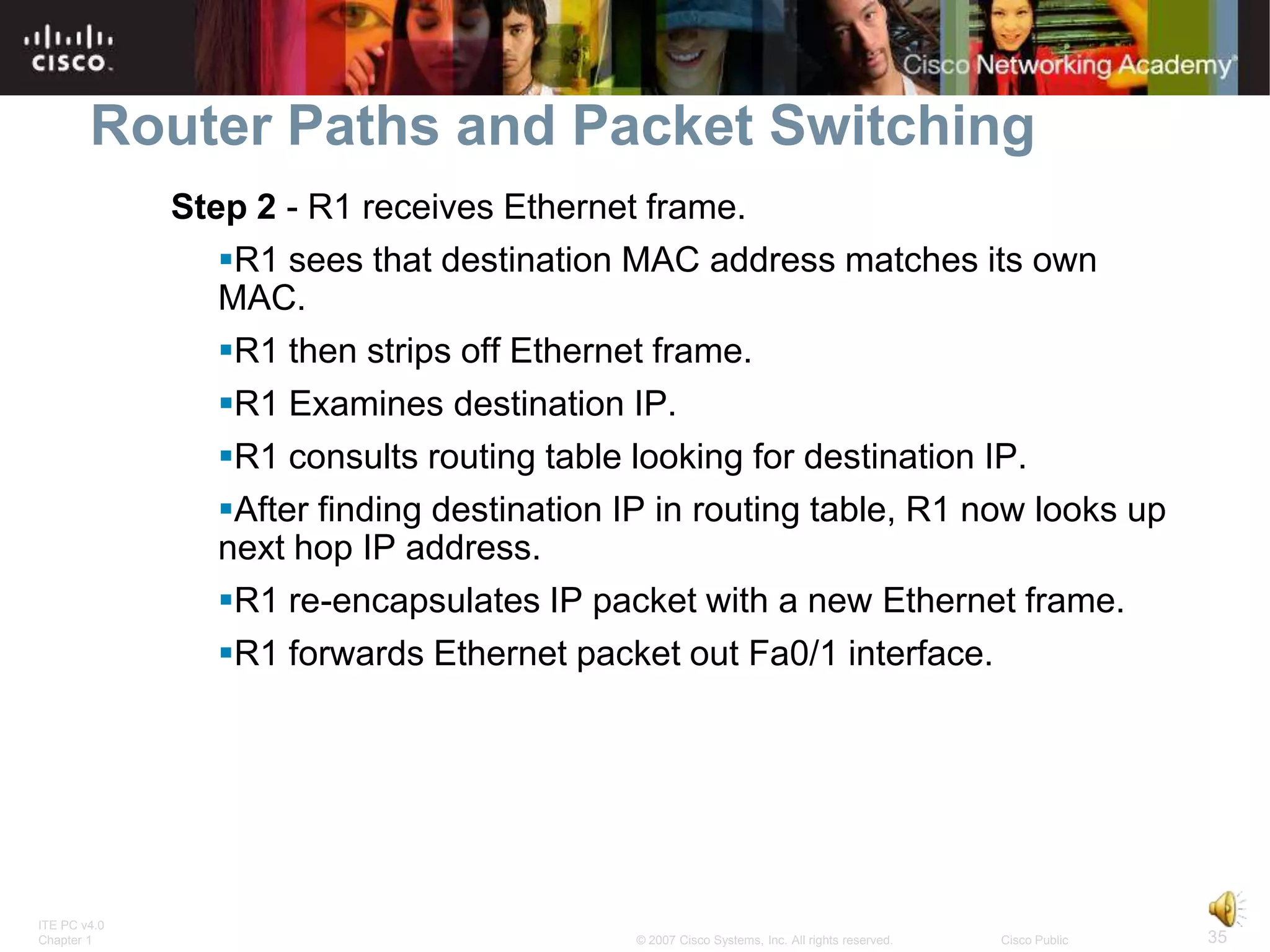 Router Paths and Packet Switching
              Step 2 - R1 receives Ethernet frame.
                 R1 sees that destination MAC address matches its own
                 MAC.
                 R1 then strips off Ethernet frame.
                 R1 Examines destination IP.
                 R1 consults routing table looking for destination IP.
                 After finding destination IP in routing table, R1 now looks up
                 next hop IP address.
                 R1 re-encapsulates IP packet with a new Ethernet frame.
                 R1 forwards Ethernet packet out Fa0/1 interface.




ITE PC v4.0
Chapter 1                                   © 2007 Cisco Systems, Inc. All rights reserved.   Cisco Public   35
 