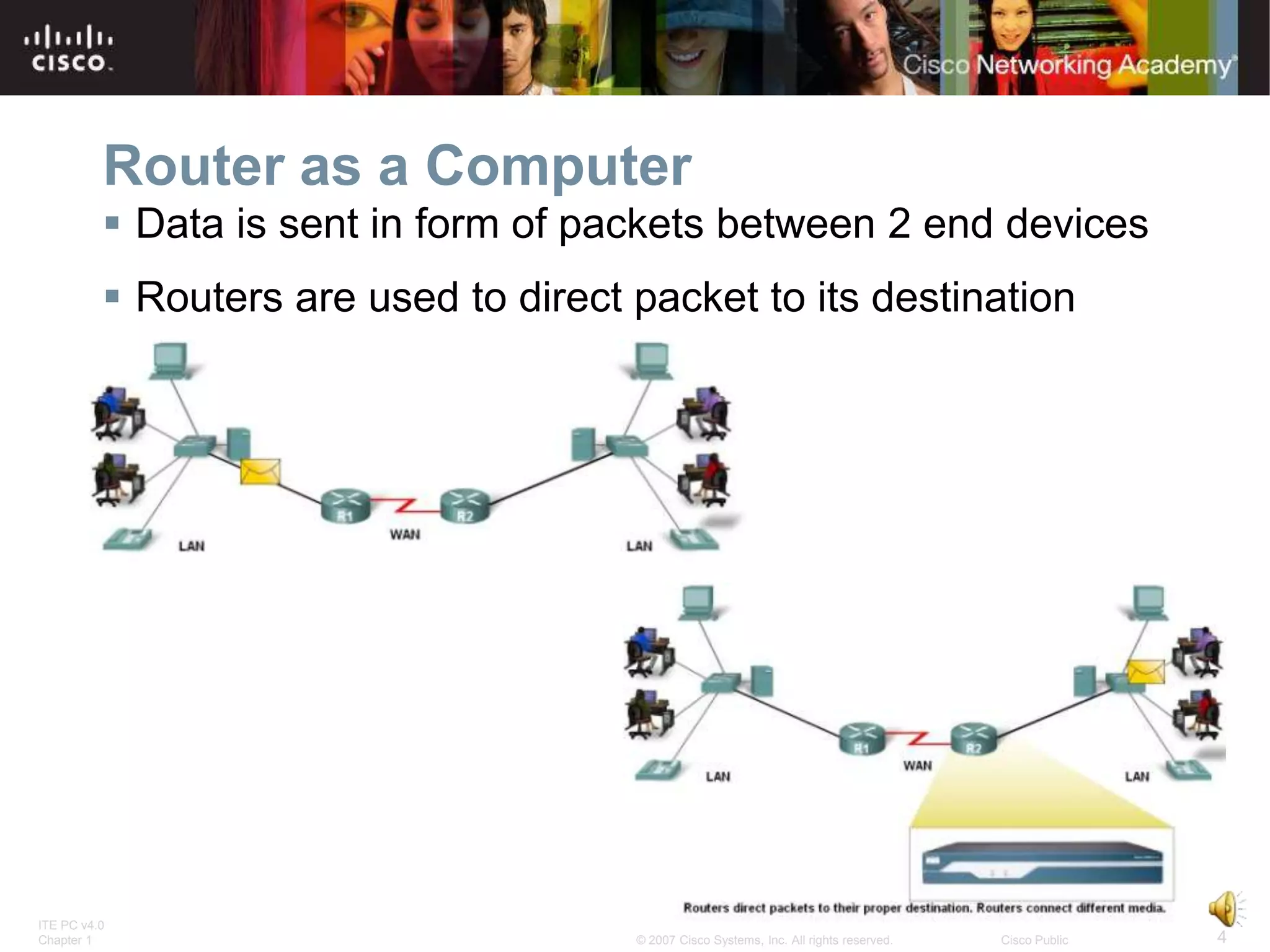 Router as a Computer
           Data is sent in form of packets between 2 end devices
           Routers are used to direct packet to its destination




ITE PC v4.0
Chapter 1                              © 2007 Cisco Systems, Inc. All rights reserved.   Cisco Public   4
 