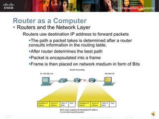 Router as a Computer
           Routers and the Network Layer
              Routers use destination IP address to forward packets
                The path a packet takes is determined after a router
                consults information in the routing table.
                After router determines the best path
                Packet is encapsulated into a frame
                Frame is then placed on network medium in form of Bits




ITE PC v4.0
Chapter 1                                © 2007 Cisco Systems, Inc. All rights reserved.   Cisco Public   13
 