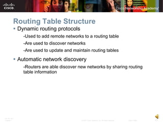 Routing Table Structure
           Dynamic routing protocols
              -Used to add remote networks to a routing table
              -Are used to discover networks
              -Are used to update and maintain routing tables

           Automatic network discovery
              -Routers are able discover new networks by sharing routing
              table information




ITE PC v4.0
Chapter 1                                 © 2007 Cisco Systems, Inc. All rights reserved.   Cisco Public   23
 