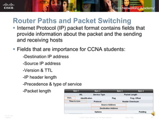 Router Paths and Packet Switching
           Internet Protocol (IP) packet format contains fields that
            provide information about the packet and the sending
            and receiving hosts
           Fields that are importance for CCNA students:
              -Destination IP address
              -Source IP address
              -Version & TTL
              -IP header length
              -Precedence & type of service
              -Packet length




ITE PC v4.0
Chapter 1                                 © 2007 Cisco Systems, Inc. All rights reserved.   Cisco Public   27
 