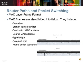 Router Paths and Packet Switching
           MAC Layer Frame Format
           MAC Frames are also divided into fields. They include:
              -Preamble
              -Start of frame delimiter
              -Destination MAC address
              -Source MAC address
              -Type/length
              -Data and pad
              -Frame check sequence




ITE PC v4.0
Chapter 1                                 © 2007 Cisco Systems, Inc. All rights reserved.   Cisco Public   28
 