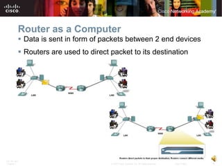 Router as a Computer
           Data is sent in form of packets between 2 end devices
           Routers are used to direct packet to its destination




ITE PC v4.0
Chapter 1                              © 2007 Cisco Systems, Inc. All rights reserved.   Cisco Public   4
 