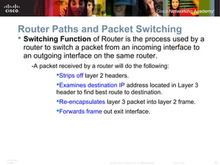 ITE PC v4.0
Chapter 1 32© 2007 Cisco Systems, Inc. All rights reserved. Cisco Public
Router Paths and Packet Switching
 Switching Function of Router is the process used by a
router to switch a packet from an incoming interface to
an outgoing interface on the same router.
-A packet received by a router will do the following:
Strips off layer 2 headers.
Examines destination IP address located in Layer 3
header to find best route to destination.
Re-encapsulates layer 3 packet into layer 2 frame.
Forwards frame out exit interface.
 