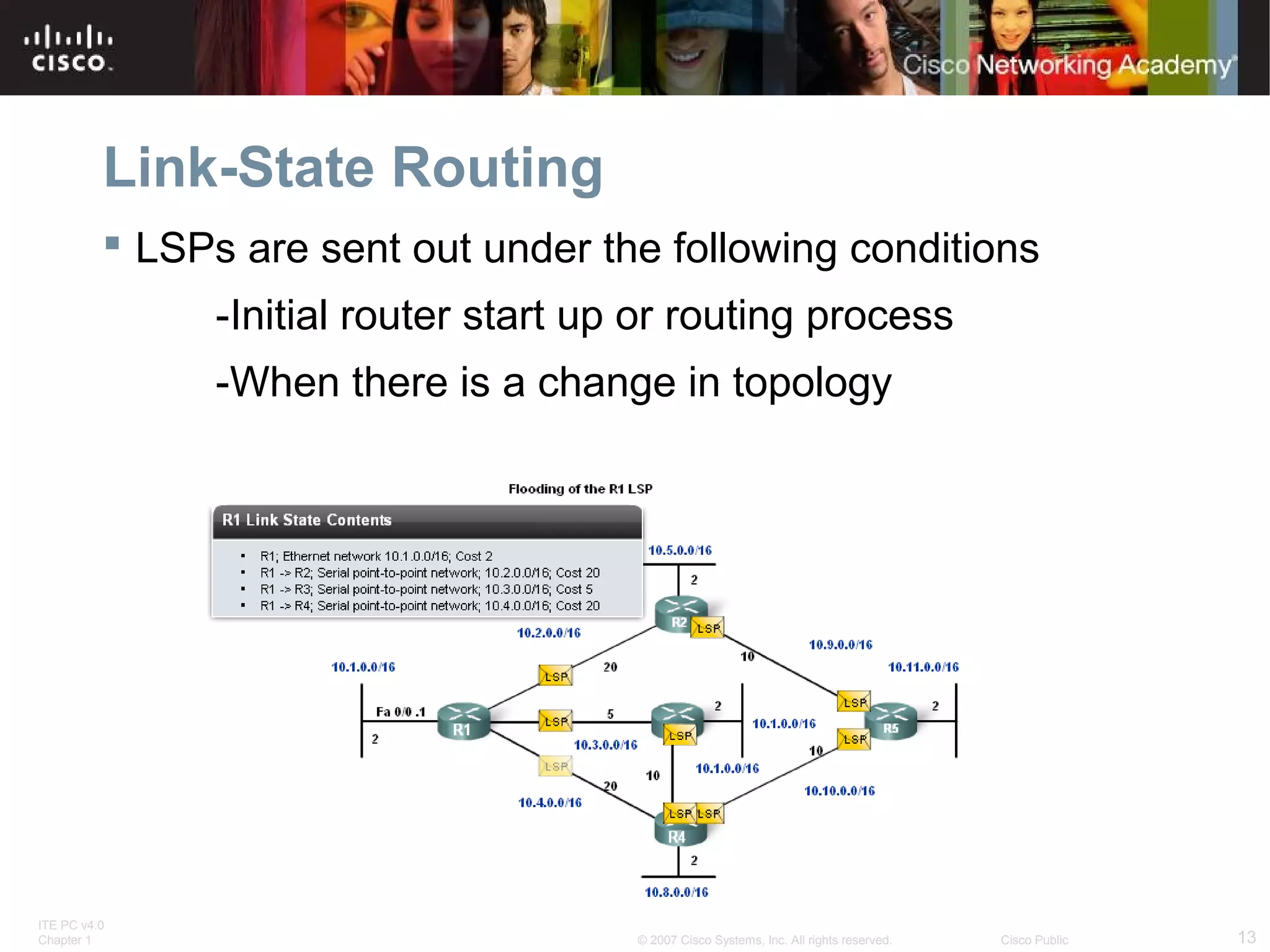 ITE PC v4.0
Chapter 1 13© 2007 Cisco Systems, Inc. All rights reserved. Cisco Public
Link-State Routing
 LSPs are sent out under the following conditions
-Initial router start up or routing process
-When there is a change in topology
 