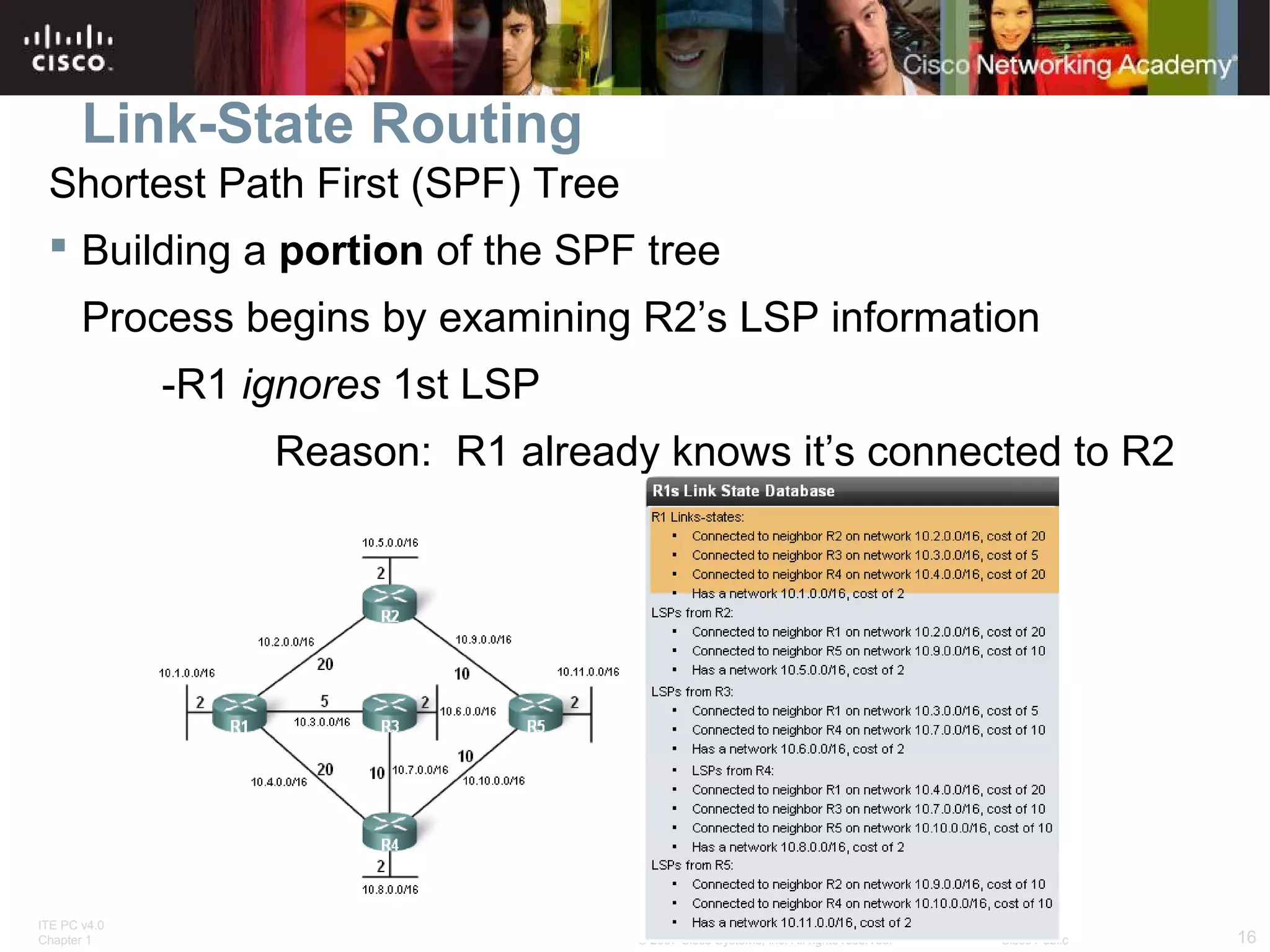 ITE PC v4.0
Chapter 1 16© 2007 Cisco Systems, Inc. All rights reserved. Cisco Public
Link-State Routing
Shortest Path First (SPF) Tree
 Building a portion of the SPF tree
Process begins by examining R2’s LSP information
-R1 ignores 1st LSP
Reason: R1 already knows it’s connected to R2
 