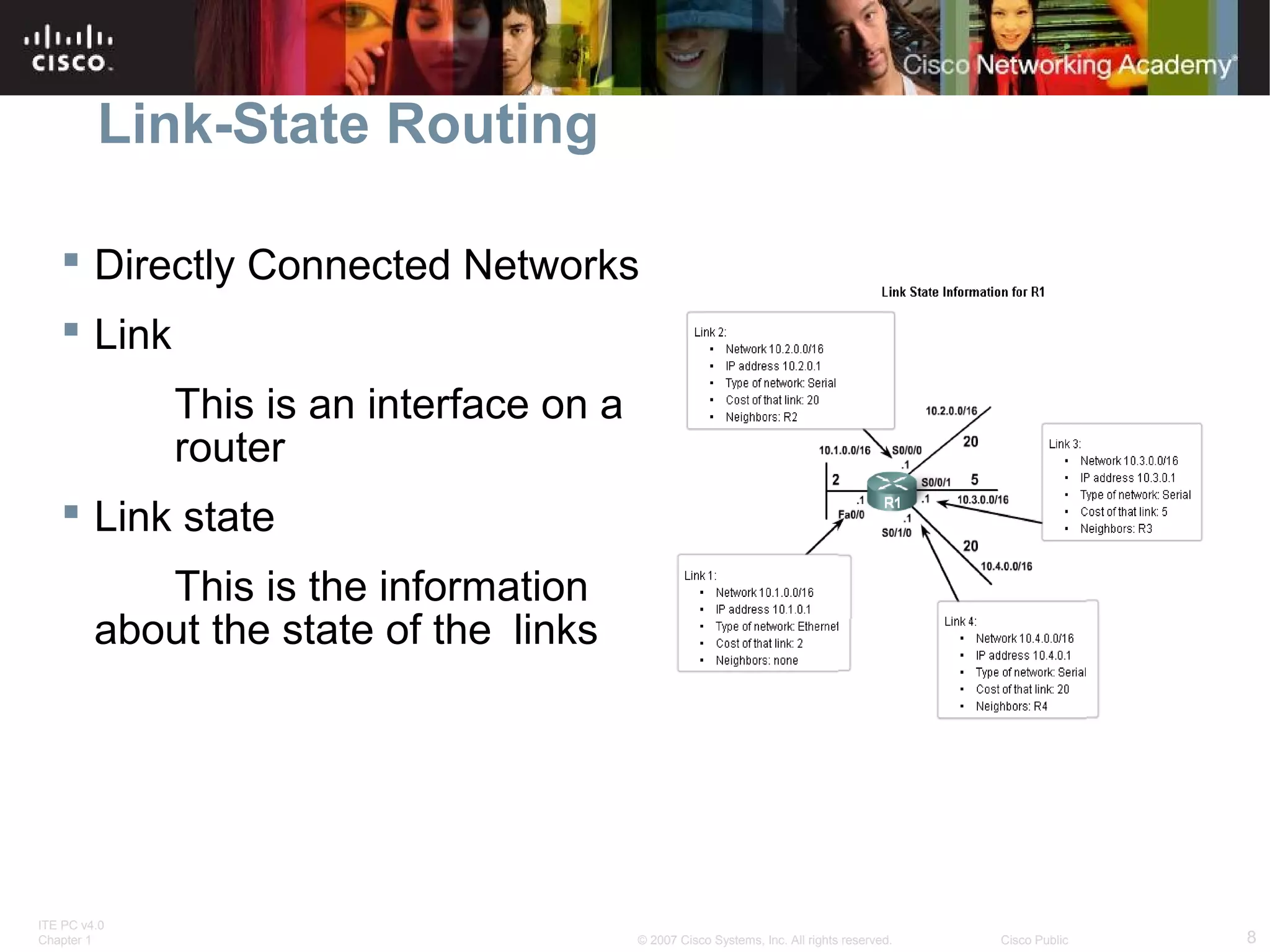 ITE PC v4.0
Chapter 1 8© 2007 Cisco Systems, Inc. All rights reserved. Cisco Public
Link-State Routing
 Directly Connected Networks
 Link
This is an interface on a
router
 Link state
This is the information
about the state of the links
 