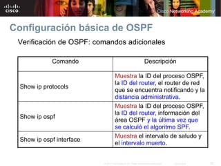 Configuración básica de OSPF
 Verificación de OSPF: comandos adicionales

             Comando                                              Descripción

                                     Muestra la ID del proceso OSPF,
                                     la ID del router, el router de red
  Show ip protocols
                                     que se encuentra notificando y la
                                     distancia administrativa.
                                     Muestra la ID del proceso OSPF,
                                     la ID del router, información del
  Show ip ospf
                                     área OSPF y la última vez que
                                     se calculó el algoritmo SPF.
                                     Muestra el intervalo de saludo y
  Show ip ospf interface
                                     el intervalo muerto.


                           © 2007 Cisco Systems, Inc. Todos los derechos reservados.   Cisco Public   22
 