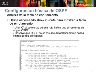 Configuración básica de OSPF
Análisis de la tabla de enrutamiento
  Utilice el comando show ip route para mostrar la tabla
  de enrutamiento
    - Una “O” al comienzo de una ruta indica que el router es de
    origen OSPF
    - Observe que OSPF no se resume automáticamente en los
    límites de red principales




                               © 2007 Cisco Systems, Inc. Todos los derechos reservados.   Cisco Public   23
 